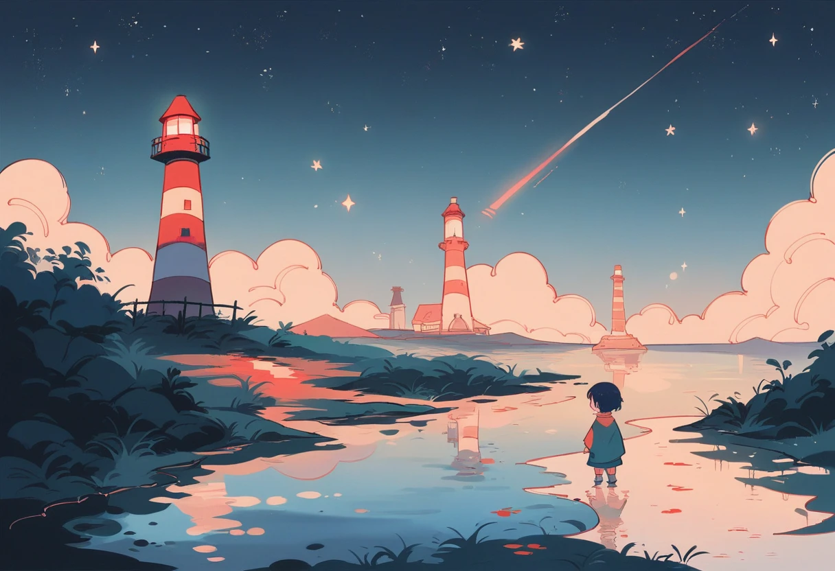 children-drawing, Light color painting, Lighthouse, Night Sky, A sky full of stars, Quiet Sea, Lighthouseの光, Reflective water surface, moonlight