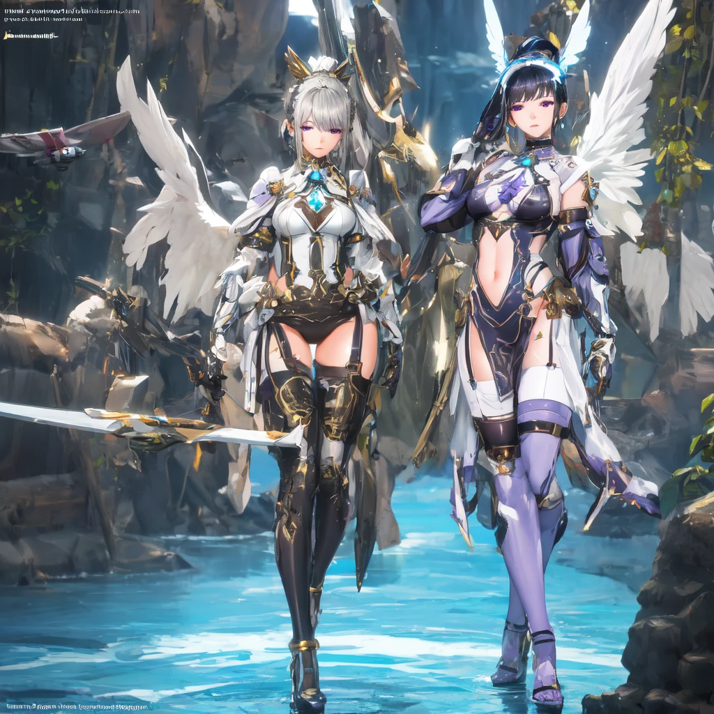 full body woman as an archangel, with black purple cyberdroid, mecha-armor, wearing a short blusher veil, messy hairdo, golden mecha-halo on top of the head, heavy Arch angel mecha-wings, visible face, big chest, bikini armor