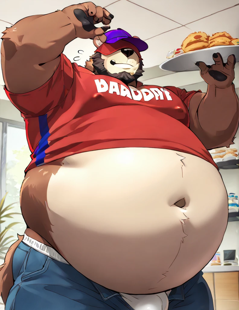 Nsfw, anthro daddy bear, male, brown fur color, beard, purple cap covering eyes, inflating, hyper belly, bulge, at all you can eat buffet, close up, frontview, kokuhane artstyle, bigger belly, ((fatter belly)),  ((aroused)), ((tight shirt)), ((horny)), ((sitting leaned back)), ((many empty plates around him)), ((tight button shirt)), ((more empty plates)), ((hyper belly)), fattest gut on earth