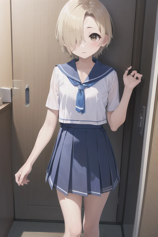 masterpiece, Best Quality, High resolution,  standing, Cowboy Shot, Shirasaka Koume, ((Blonde)), hair over one eye, short hair, Brown eyes, Flat Chest,(Hiding one eye),Hidden right eye、,Small breasts,One Girl,Alone,1 girl, younger sister, Fairy Hair, Sailor Cola, Pleated skirt, , Japanese High School Uniform, Walking home from school,School route,Navy Blue Skirt,ランダムなカラーのSailor suit、((Luxury Fabric, Sailor suit, 膝丈ネイビーPleated skirt)), 