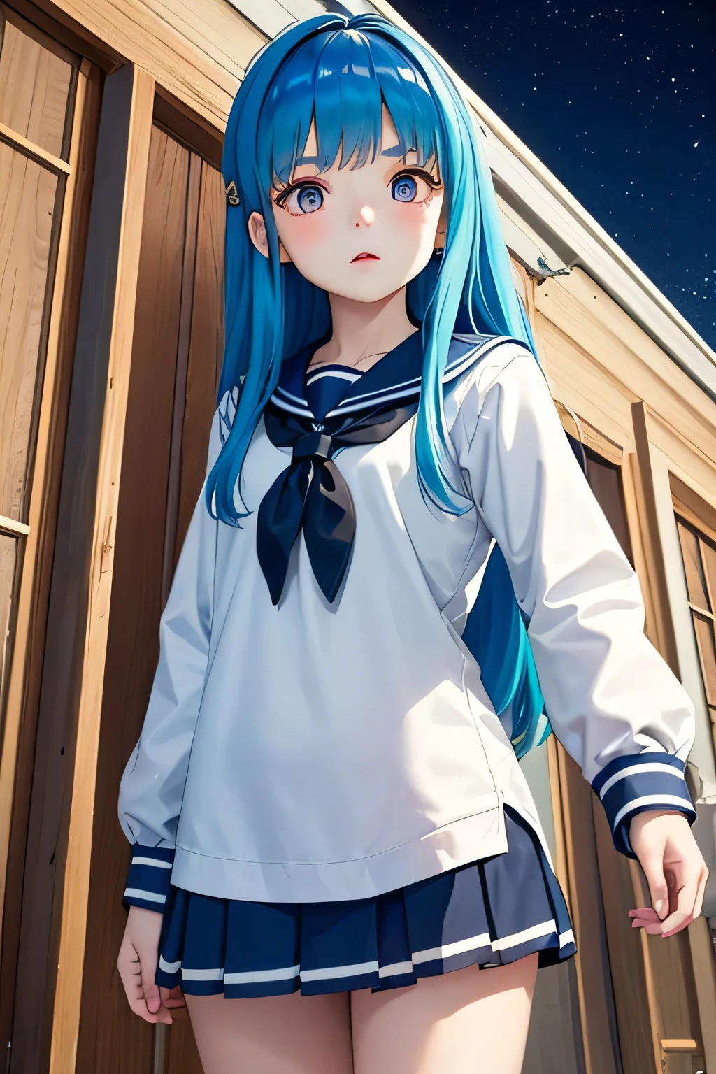 ((Best Quality)), ((masterpiece)), (detailed), One girl, Very cute girl、Junior high school students、Petite Girls、Childish expression、Blue Hair、Semi-long hair、Sharp eyes、Looking into the distance、Anxious expression、Sailor suit、mini skirt、Night School、Dark Classroom、