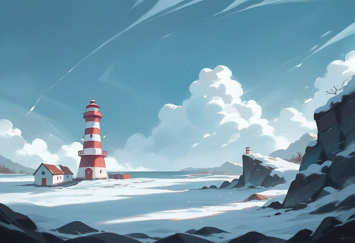  Light color painting, Lighthouse, Snow Scene, Cold wind, Surrounded by white, Frozen Sea, Warm light, A clear, cold sky