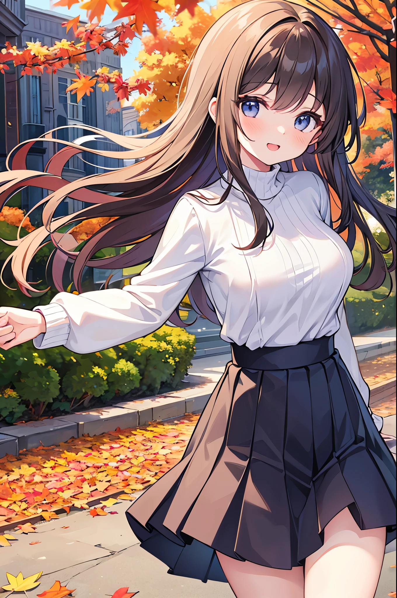 Super Best masterpiece, 16k, Highest quality, Ultra-high resolution, Cute Girls, Beautiful girl in great detail, Very accurate body structure, Very precise body movements, Ample breasts, Autumn casual outfit, The skirt flutters in the wind, Autumn scenery, Going out, Feeling excited, It&#39;s a nice day today, It seems like something good is going to happen