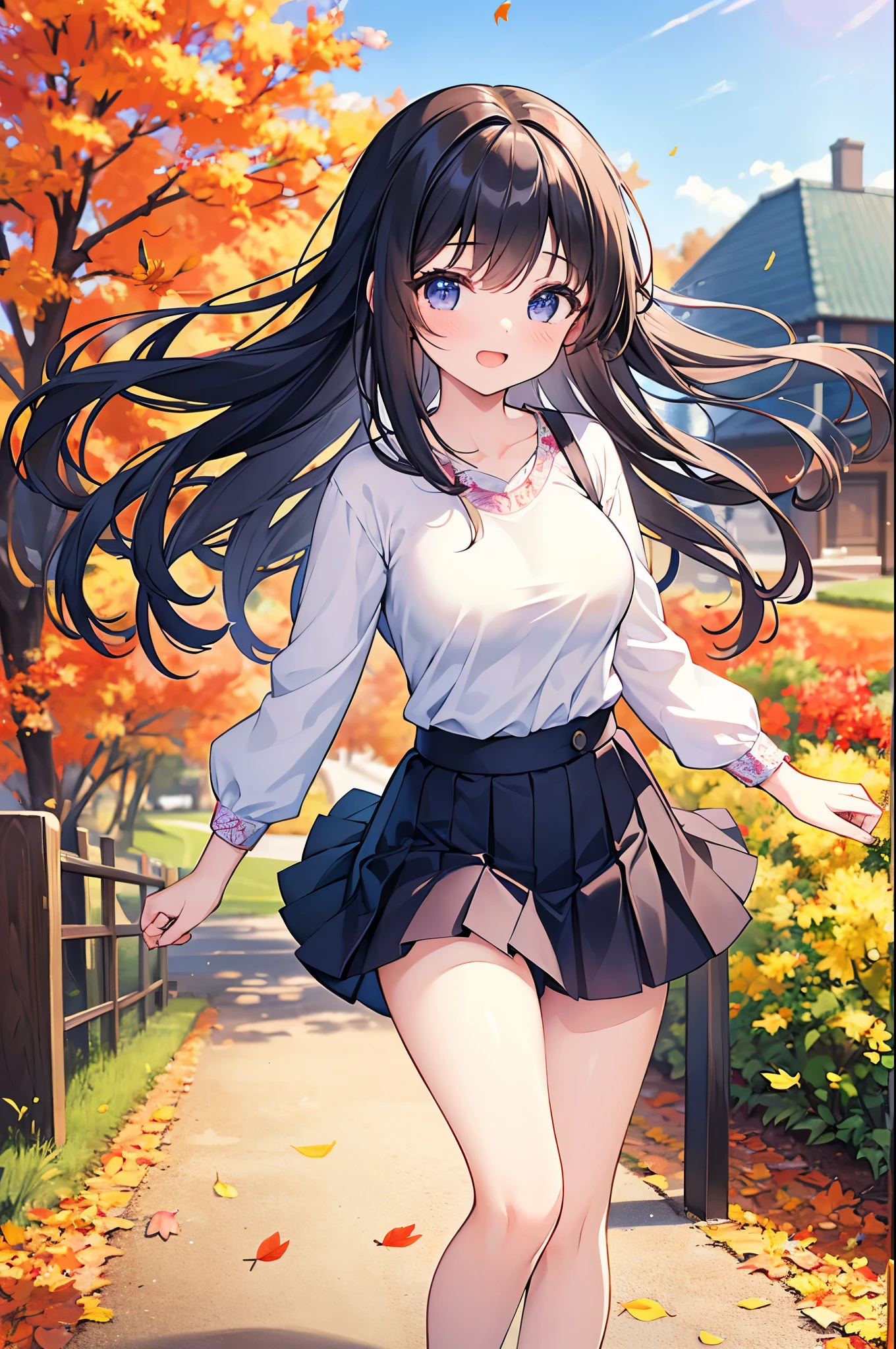 Super Best masterpiece, 16k, Highest quality, Ultra-high resolution, Cute Girls, Beautiful girl in great detail, Very accurate body structure, Very precise body movements, Ample breasts, Autumn casual outfit, The skirt flutters in the wind, Autumn scenery, Going out, Feeling excited, It&#39;s a nice day today, It seems like something good is going to happen