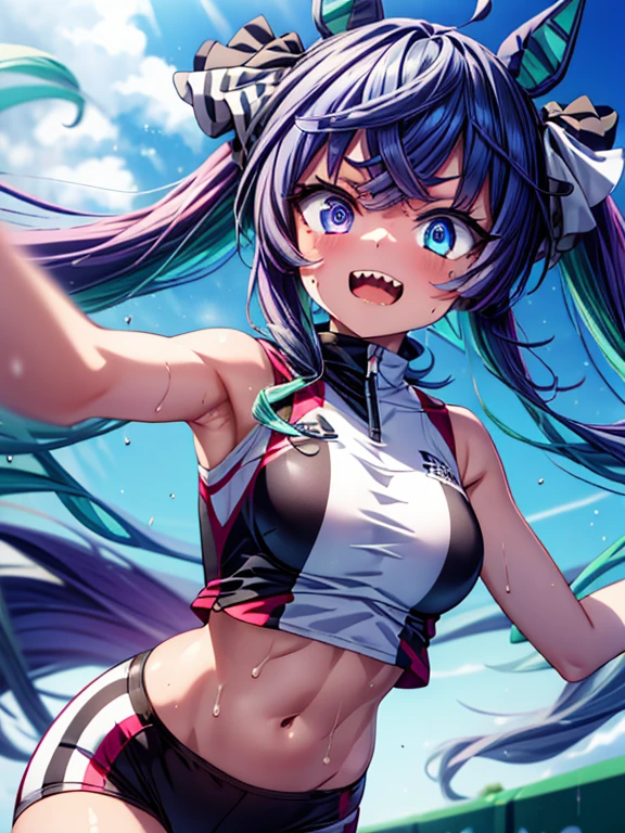 (masterpiece, best quality:1.2),Twin_turbo_Uma Musume, aqua hair, twintails, heterochromia, purple eyes, blue eyes, sharp teeth, high quality, detailed shiny skin, detailed beautiful hair, detailed beautiful eyes, detailed clothes, (high resolusion:1.2), 4K, official art, 1girl, high quality, small breasts, Track and Field Uniform、abdomen、belly button, light smile, (sweat：1.2)、sweat, outdoors, running, dash, dynamic pose, Track and Field, athletics stadium,motion blur, perspective,multiple views