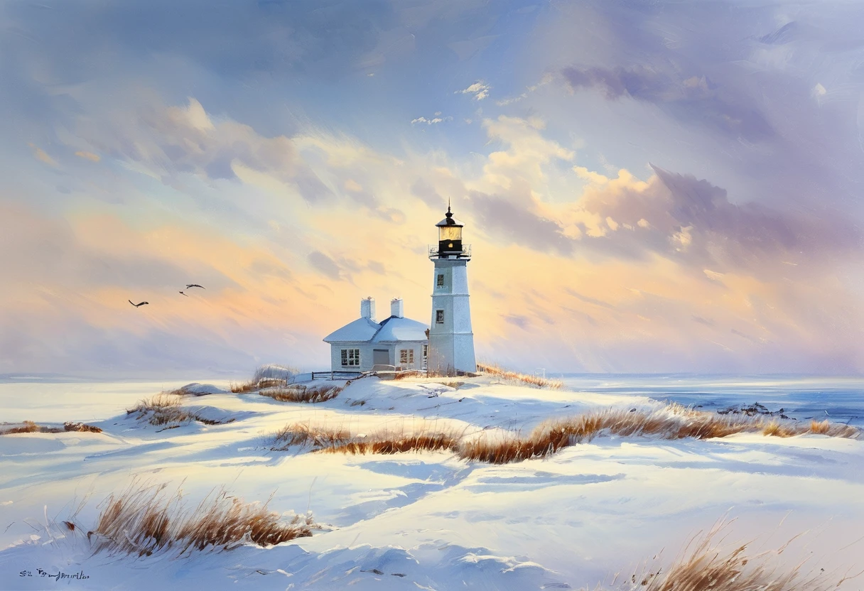  Light color painting, Lighthouse, Snow Scene, Cold wind, Surrounded by white, Frozen Sea, Warm light, A clear, cold sky