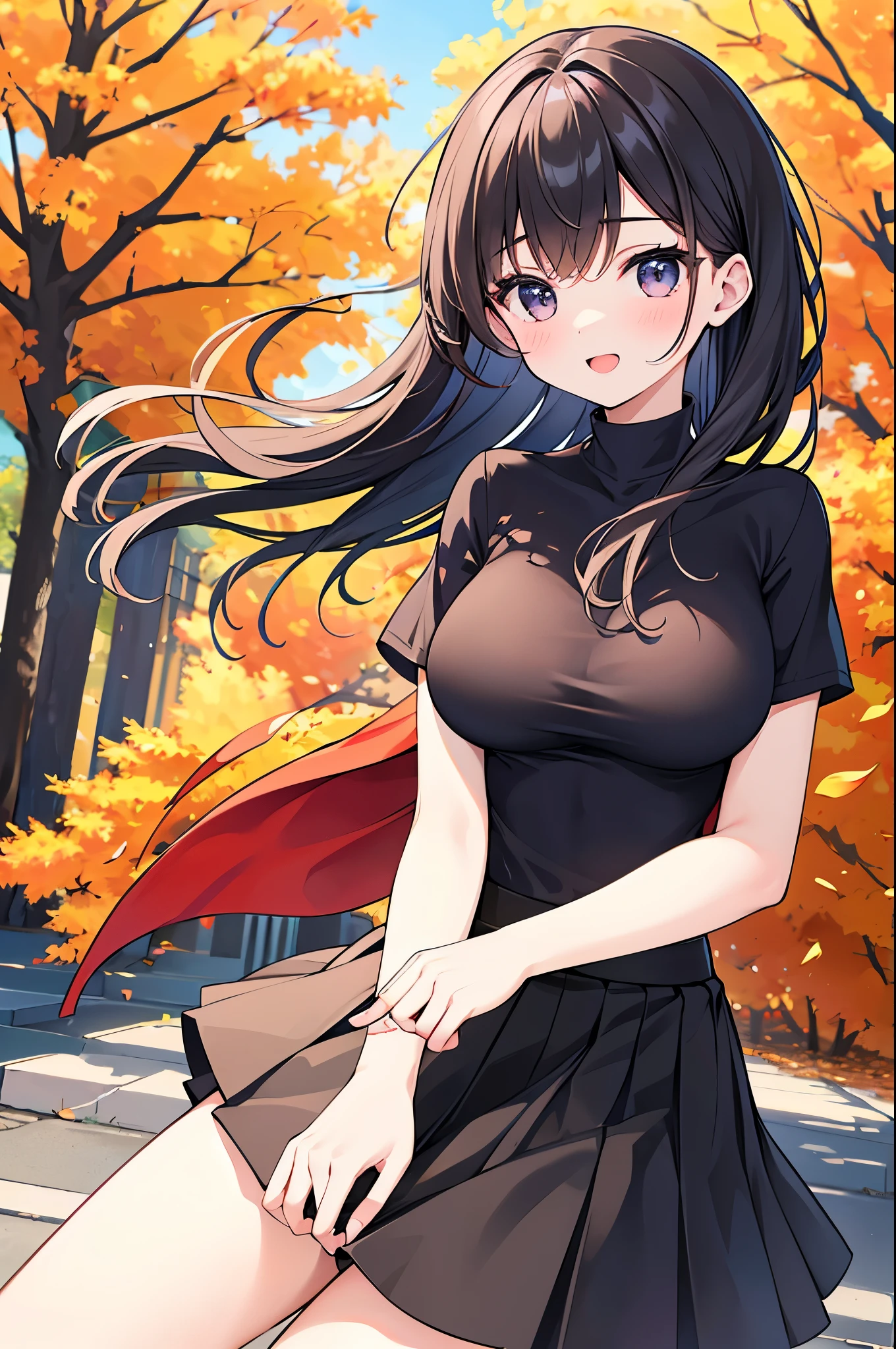 Super Best masterpiece, 16k, Highest quality, Ultra-high resolution, Cute Girls, Beautiful girl in great detail, Very accurate body structure, Very precise body movements, Ample breasts, Autumn casual outfit, The skirt flutters in the wind, Autumn scenery, Going out, Feeling excited, It&#39;s a nice day today, It seems like something good is going to happen