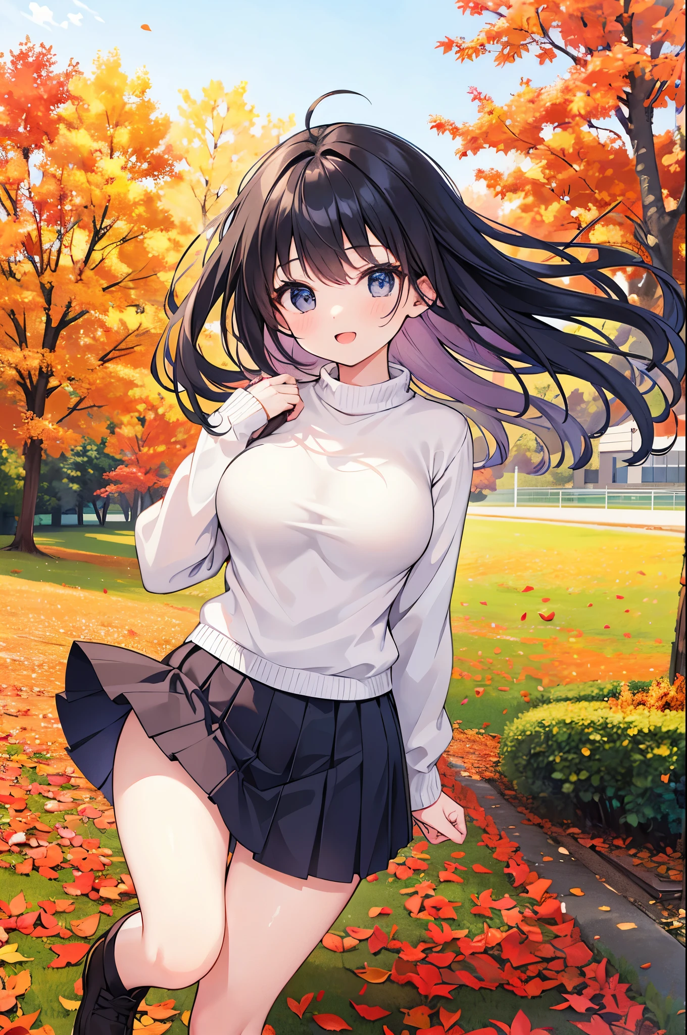 Super Best masterpiece, 16k, Highest quality, Ultra-high resolution, Cute Girls, Beautiful girl in great detail, Very accurate body structure, Very precise body movements, Ample breasts, Autumn casual outfit, The skirt flutters in the wind, Autumn scenery, Going out, Feeling excited, It&#39;s a nice day today, It seems like something good is going to happen