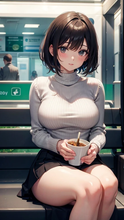 small breasted naked woman sitting on train, embarrassed, big thighs, naked