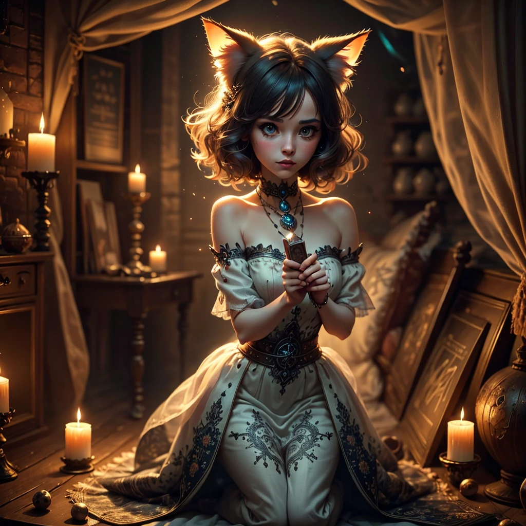 A magical girl with cat features, summoning dark forces, intricate fantasy background, (best quality,4k,8k,highres,masterpiece:1.2),ultra-detailed,(realistic,photorealistic,photo-realistic:1.37),exquisite details, dramatic lighting, dark moody atmosphere, feline eyes, cat ears, mystical energy, swirling magical effects, complex patterns, ancient ruins, glowing runes
