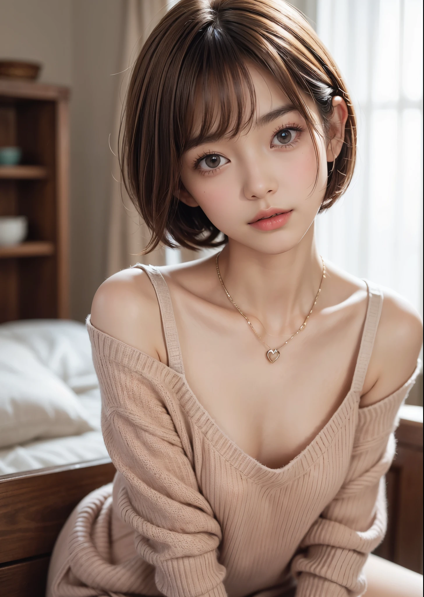 Top quality, masterpiece, ultra high resolution, no light, photorealistic, 1 girl, shirt, smile, oversized_sweater, soft lighting, detailed skin, black hair, moderately windbling, straight hair, short bob hair, glossy, clear double, big eyes, big breasts, choker, ears, underwear, vivid background, (highest quality, 8k, masterpiece: 1.3), Pretty woman with perfect figure: 1.4, dark brown hair, big, wearing pendants, torn shorts, sleeping in bedroom, very detailed face and skin, detailed eyes, double eyelids, top quality, masterpiece, (photorealistic: 1.4), one woman, golden ratio, high angle shot, upper eye care, low angle shot, perfect face, beautiful figure, cute face, face close-up, Zoom in on face, short bob, short hair, smile from different angles, smile, gloss, highlight, gloss, glossy on skin, glossy skin, wet skin, wet, bangs, cute smile, bust, off-shoulder, refreshing charm, elegant, perfect hands, smile from angle, smile, shiny, highlight, glossy skin, bangs, bust, big, warm color off-shoulder, refreshing charm, Ears, gaze to the camera, poses at different angles, pale eyes