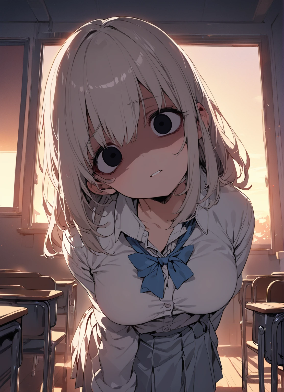 (masterpiece, best quality), nsfw,
1girl, sitting, indian style, looking up, close-up face,
break, girl, 18 yo, bitch,
short silver hair,
beautiful detailed cutest eyes,
eyeshadow, lips, anime girl,
white collared shirt,
large breasts,
surprised, blush, wide-eyed, screaming, confused,
break background classroom,
break backlighting,