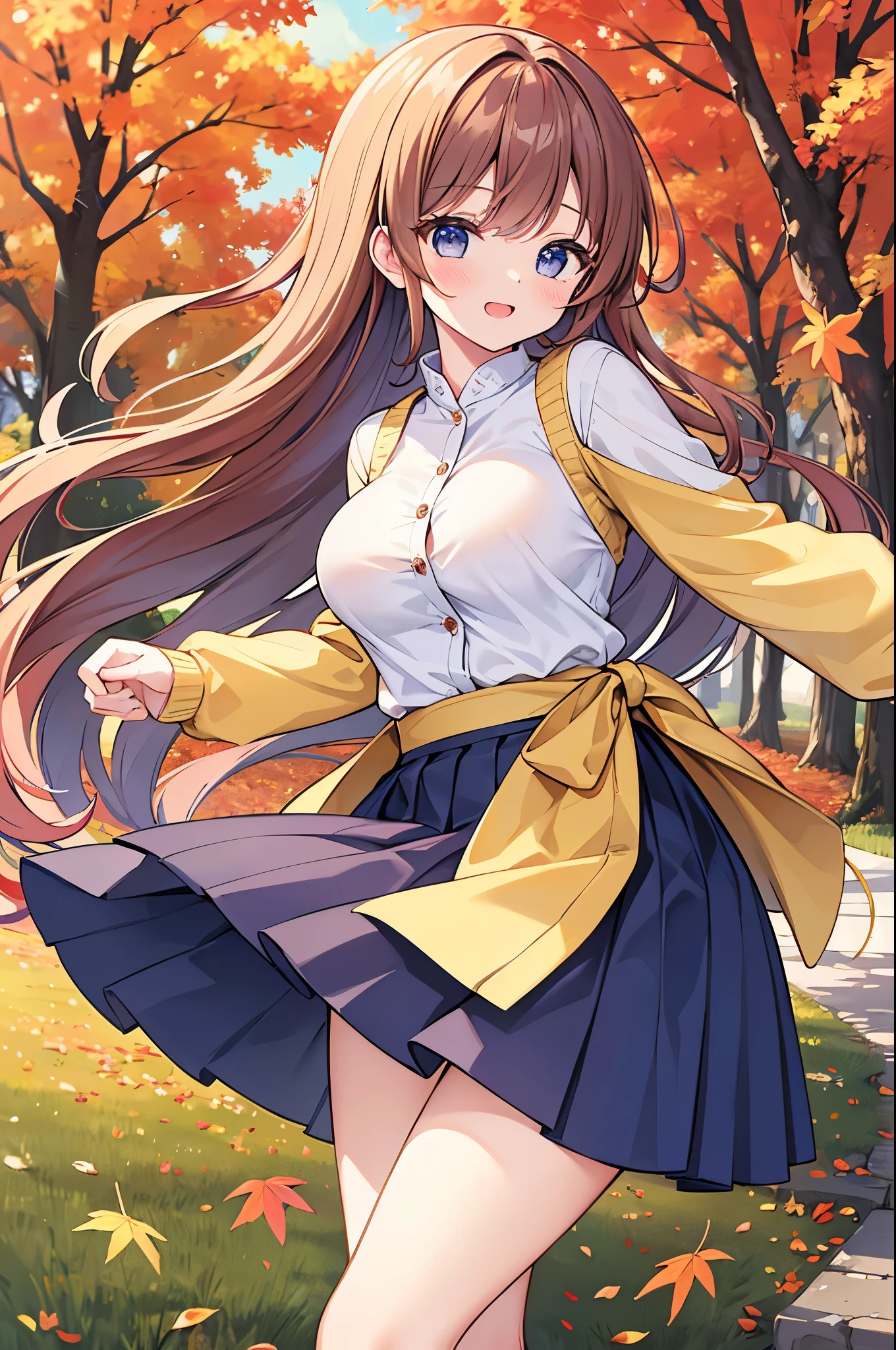 Super Best masterpiece, 16k, Highest quality, Ultra-high resolution, Cute Girls, Beautiful girl in great detail, Very accurate body structure, Very precise body movements, Ample breasts, Autumn casual outfit, The skirt flutters in the wind, Autumn scenery, Going out, Feeling excited, It&#39;s a nice day today, It seems like something good is going to happen