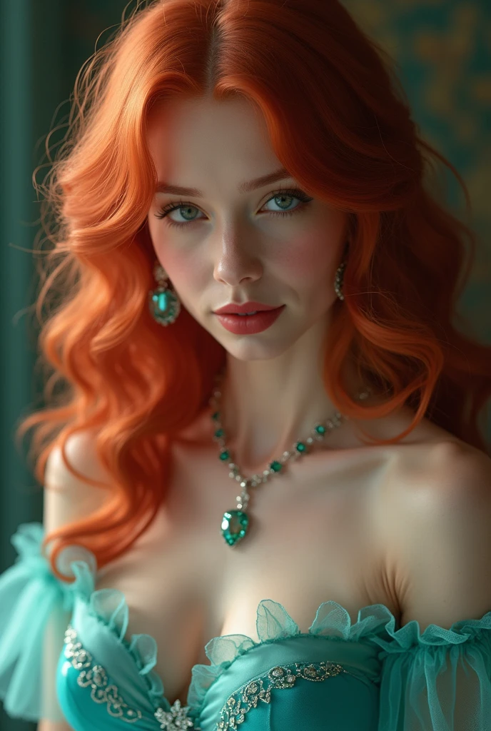 PIFA, a full body portrait of a woman posing on a photocall in a gala dinner, wearing a nice gala dress, jewels, cutie, self - satisfied smirk, redhead hair with high bun, pale skin, nice eyes, (high detailed skin:1.2), award winning photo, blurred background, master piece, sharp focus, intrincate details, 8k uhd, dslr, soft lighting, high quality, film grain, Fujifilm XT3<lora:PIFA-10:1>