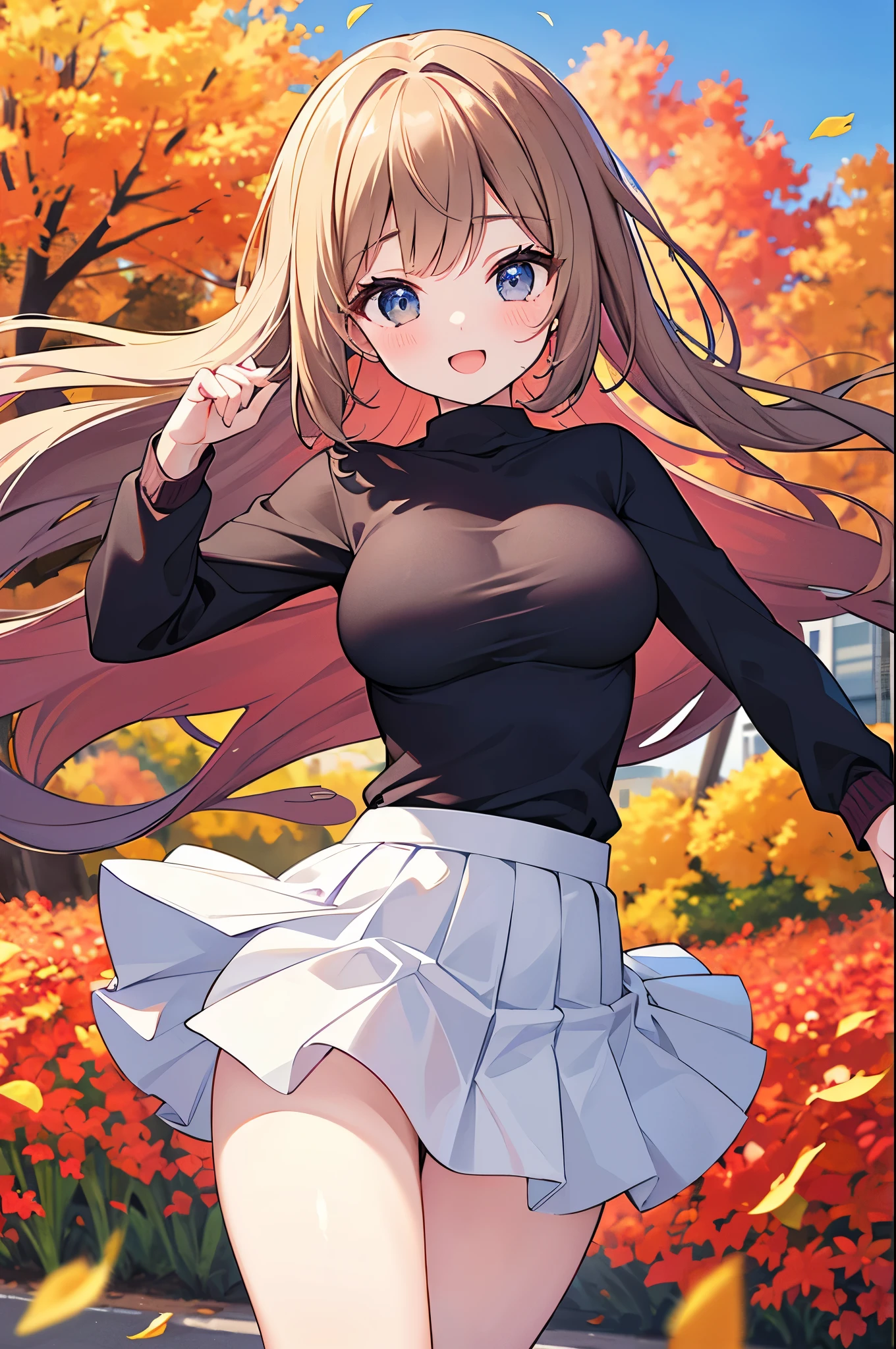 Super Best masterpiece, 16k, Highest quality, Ultra-high resolution, Cute Girls, Beautiful girl in great detail, Very accurate body structure, Very precise body movements, Ample breasts, Autumn casual outfit, The skirt flutters in the wind, Autumn scenery, Going out, Feeling excited, It&#39;s a nice day today, It seems like something good is going to happen