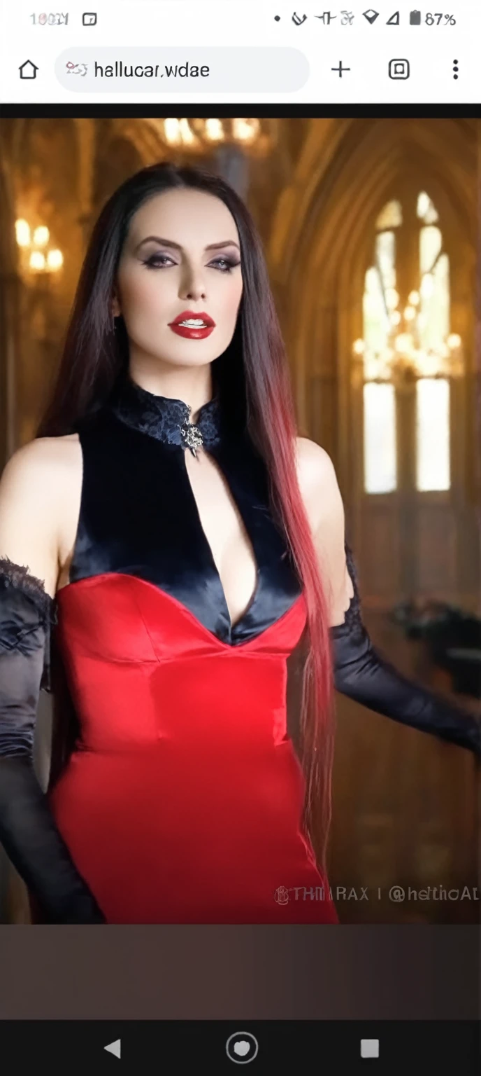 A Vampire walking with a generous biggest bust seductive featured, Very imposing and Beautiful , very much breathing deeply  in Very Tight Red dress in The mansion gothic Vampire 
