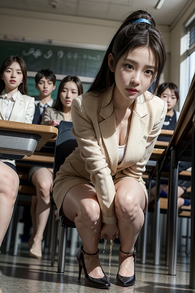 A female teacher pees in front of the blackboard during class、A female teacher pees in front of many students、A female teacher stands in the middle of a crowd of students、A large amount of pee wets the lower body and floor of a female teacher、Being mocked by my own students for wetting myself、Black High Heels、White Suit、Beauty、Japanese women、Perfect figure、A female teacher surrounded by many students