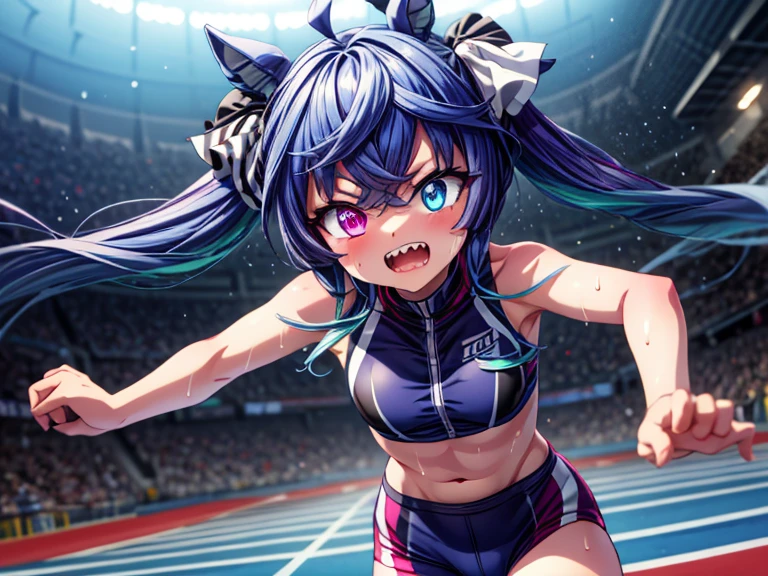 (masterpiece, best quality:1.2),Twin_turbo_Uma Musume, aqua hair, twintails, heterochromia, purple eyes, blue eyes, sharp teeth, high quality, detailed shiny skin, detailed beautiful hair, detailed beautiful eyes, detailed clothes, (high resolusion:1.2), 4K, official art, 1girl, high quality, small breasts, Track and Field Uniform、abdomen、belly button, light smile, (sweat：1.2), outdoors, running, dash, dynamic pose, Track and Field, athletics stadium,motion blur, perspective,fisheye lens, from above