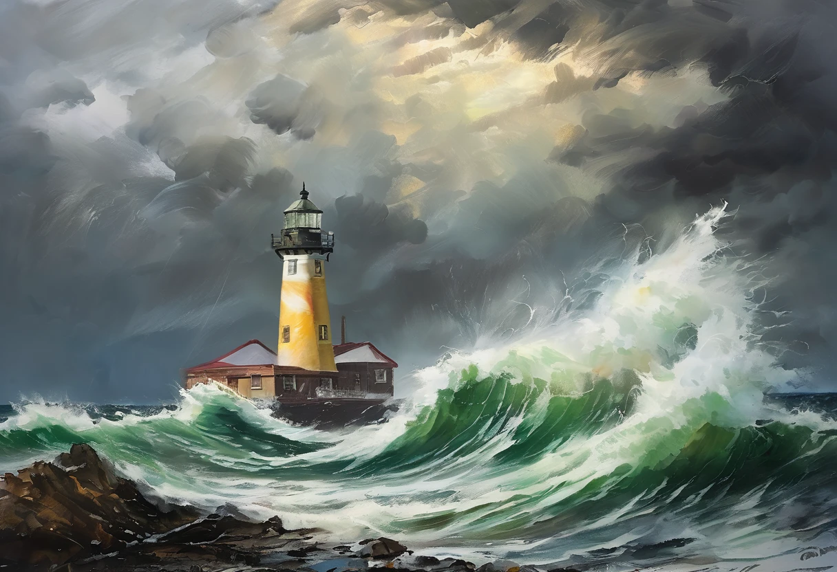  Light color painting, Lighthouse, Dark Clouds, Heavy Rain, Rough seas, High waves crashing on the shore, Swaying in the Wind, Strong light