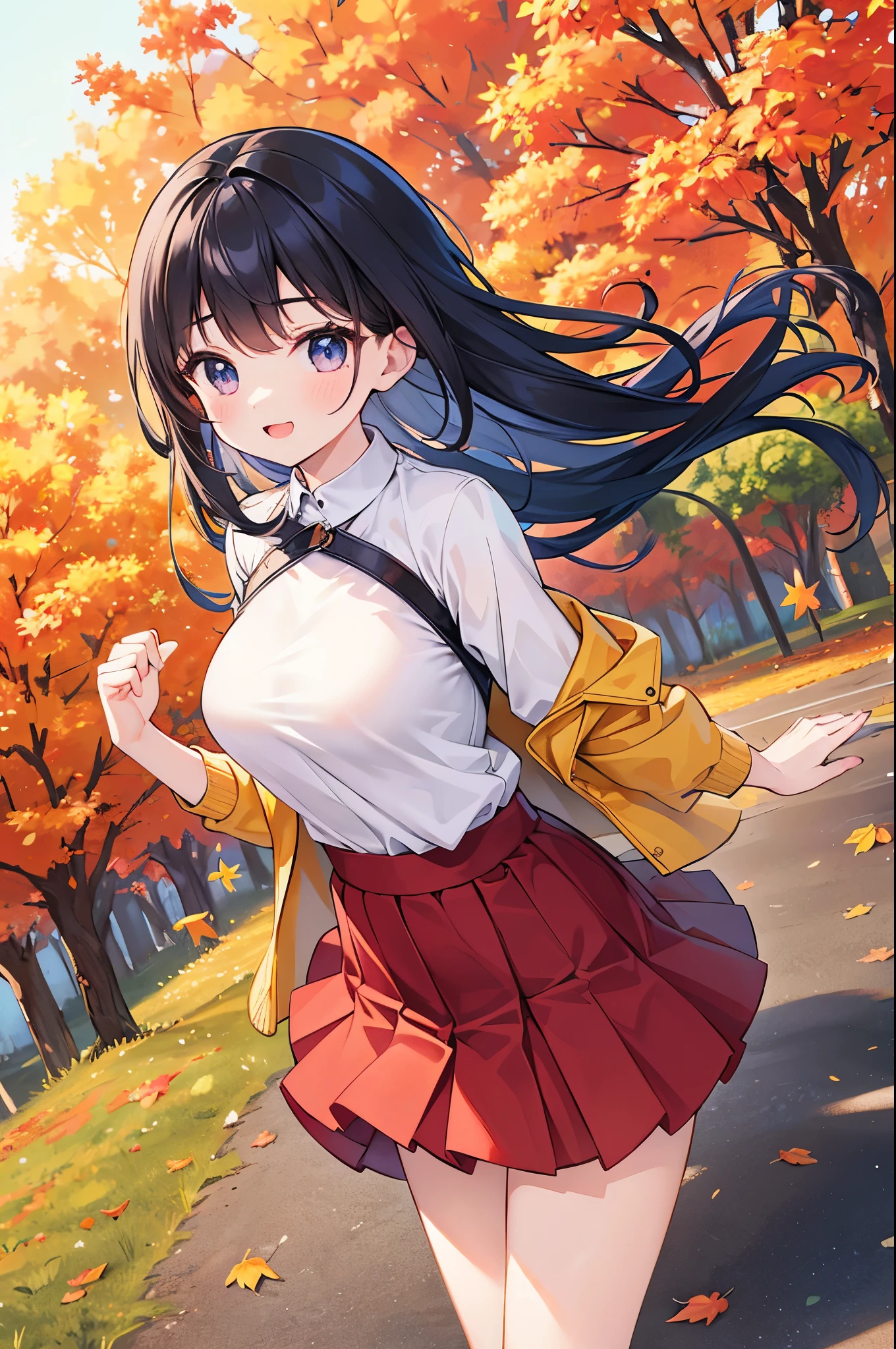 Super Best masterpiece, 16k, Highest quality, Ultra-high resolution, Cute Girls, Beautiful girl in great detail, Very accurate body structure, Very precise body movements, Ample breasts, Autumn casual outfit, The skirt flutters in the wind, Autumn scenery, Going out, Feeling excited, It&#39;s a nice day today, It seems like something good is going to happen