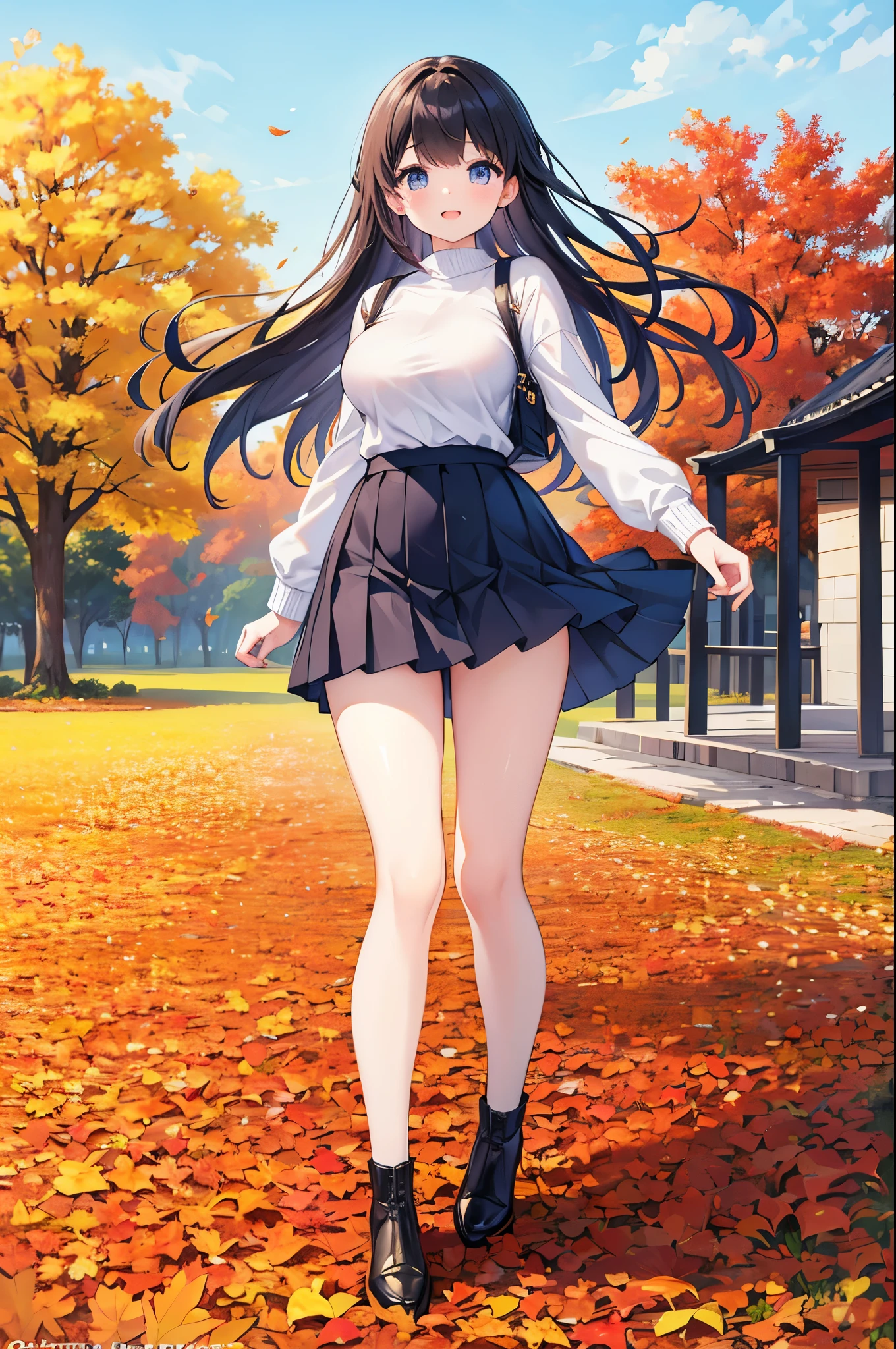 Super Best masterpiece, 16k, Highest quality, Ultra-high resolution, Cute Girls, Beautiful girl in great detail, Very accurate body structure, Very precise body movements, Ample breasts, Autumn casual outfit, The skirt flutters in the wind, Autumn scenery, Going out, Feeling excited, It&#39;s a nice day today, It seems like something good is going to happen