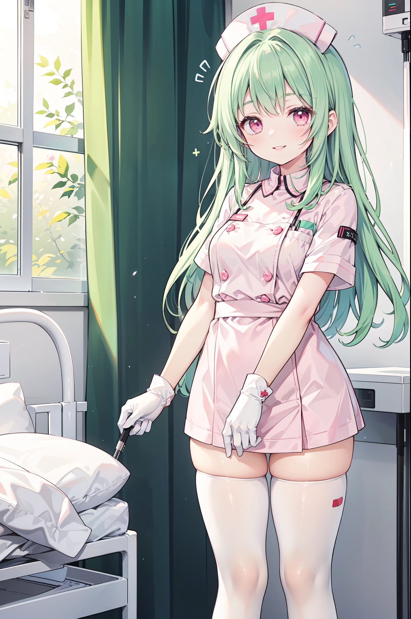 1woman, solo, nurse, white nurse cap, white nurse uniform, ((white legwear, zettai ryouiki)), white gloves, forehead, long hair, green hair, pink eyes, pink lips, smile, standing, ((hospital room)), sharp outline, short sleeves, mature female, 35 years old, best quality, masterpiece