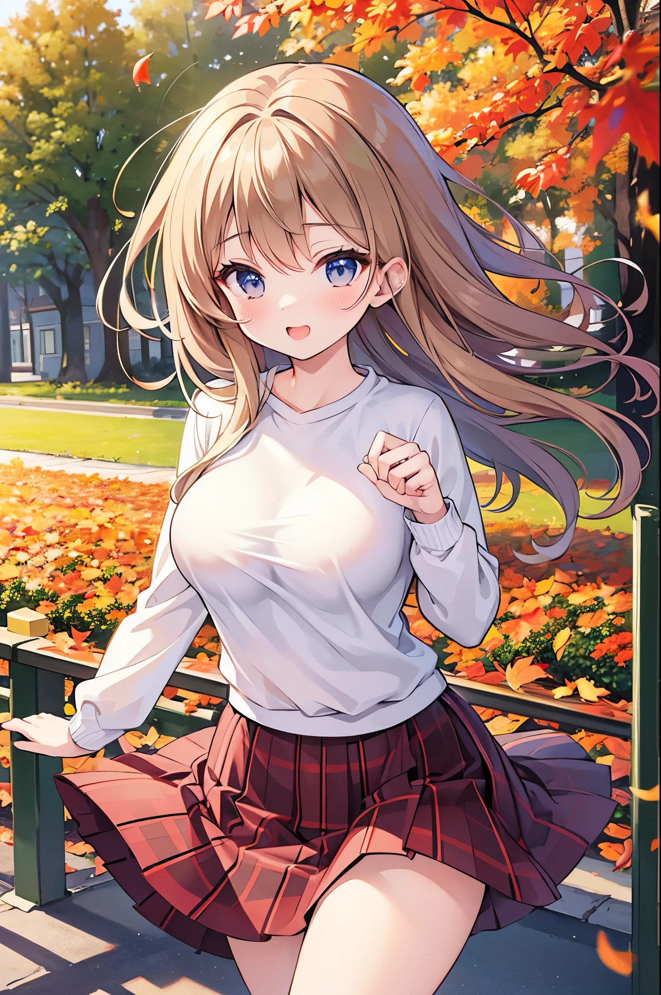 Super Best masterpiece, 16k, Highest quality, Ultra-high resolution, Cute Girls, Beautiful girl in great detail, Very accurate body structure, Very precise body movements, Ample breasts, Autumn casual outfit, The skirt flutters in the wind, Autumn scenery, Going out, Feeling excited, It&#39;s a nice day today, It seems like something good is going to happen