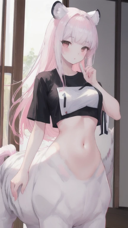 (best quality, masterpiece), 1 girl, centaur, It takes, White skin, Korean ,daughter, black pink,Smiling, exposing the abdomen, belly button t-shirt , 아름다운 소녀 perfect white tiger photo, perfect white tiger photo