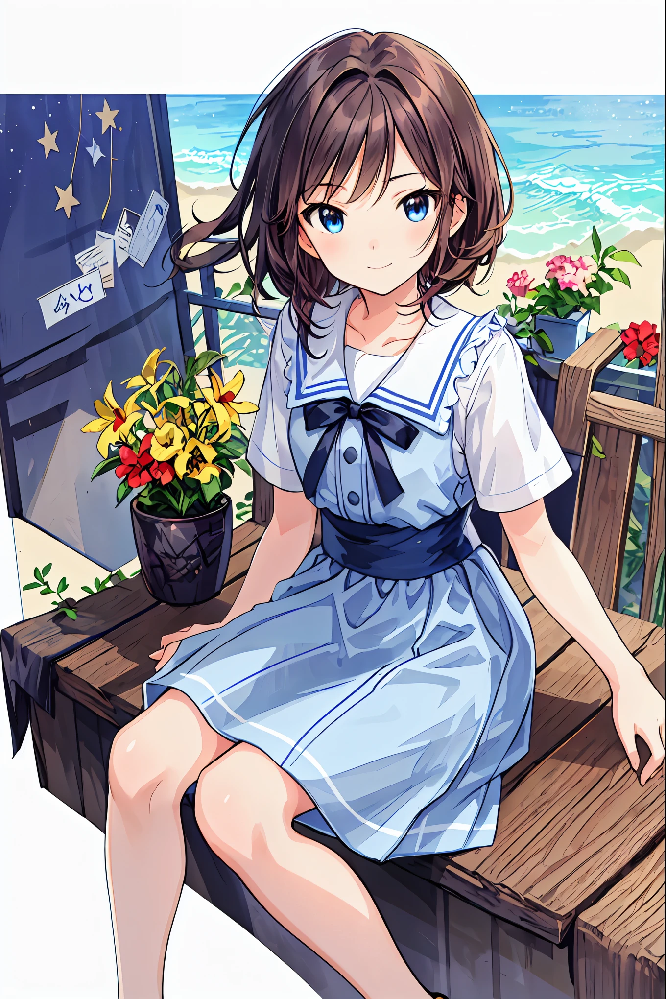 ()，Best Quality，Beautiful face in every detail，cute，Dark brown eyes，(背の低いcute女の子，Young studeg and delicate girl）,（masterpiece，Best Quality)，Black Hair，Sleepy look，Short sleeve white shirt，Checkered white skirt，Pathetic，Pathetic，Pathetic，Brown Hair，Shortcuts，Messy Hair，Short braided hair，Neat，Slender beauty，A dignified posture，Small chest，Beautiful feet，Her captivating grey-blue eyes shine like stars，Vibrant colors,Beautiful Eyes,A delicate smile,Textured Skin,The best quality at its best,A kind and beautiful woman,Anime Style､