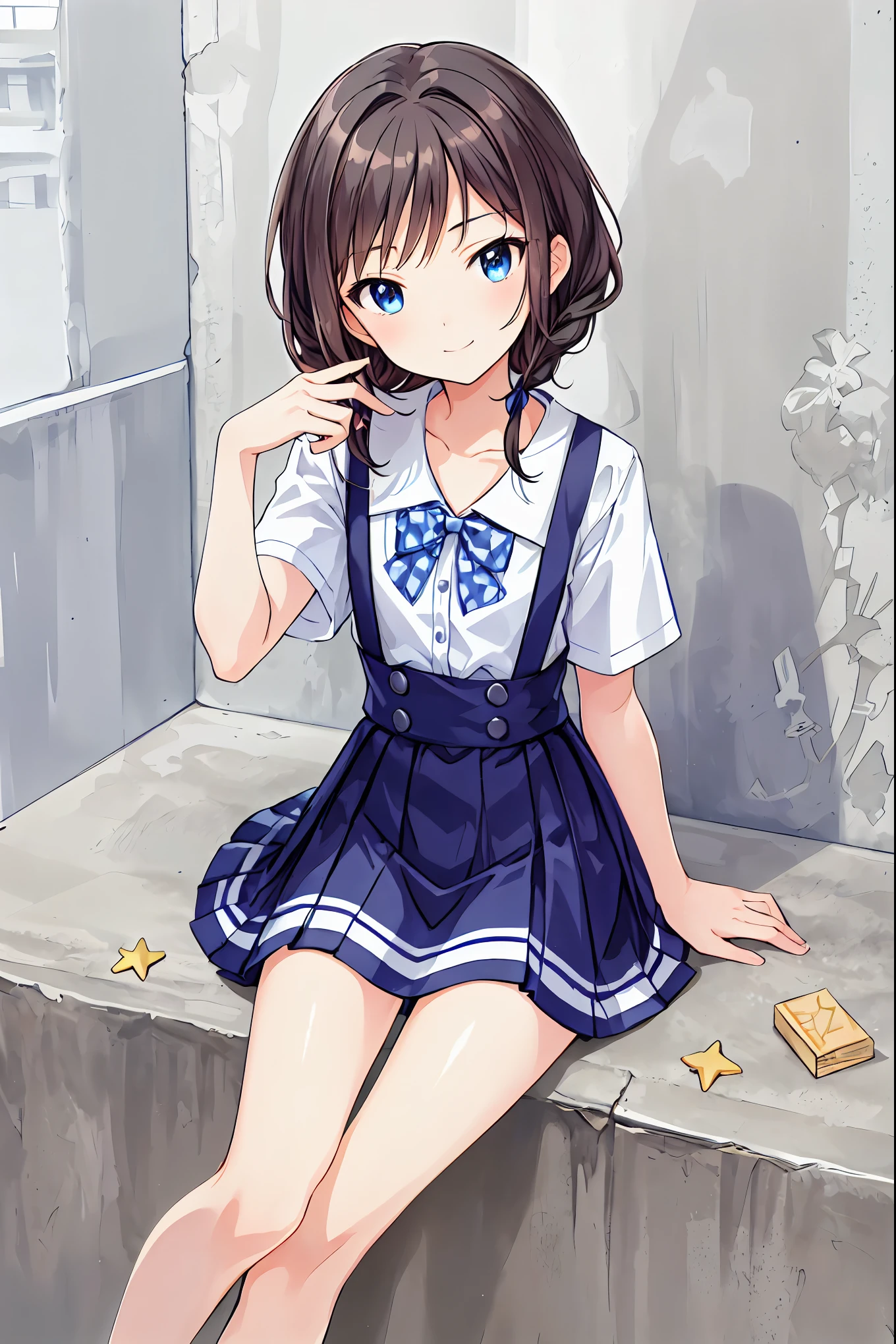 ()，Best Quality，Beautiful face in every detail，cute，Dark brown eyes，(背の低いcute女の子，Young studeg and delicate girl）,（masterpiece，Best Quality)，Black Hair，Sleepy look，Short sleeve white shirt，Checkered white skirt，Pathetic，Pathetic，Pathetic，Brown Hair，Shortcuts，Messy Hair，Short braided hair，Neat，Slender beauty，A dignified posture，Small chest，Beautiful feet，Her captivating grey-blue eyes shine like stars，Vibrant colors,Beautiful Eyes,A delicate smile,Textured Skin,The best quality at its best,A kind and beautiful woman,Anime Style､