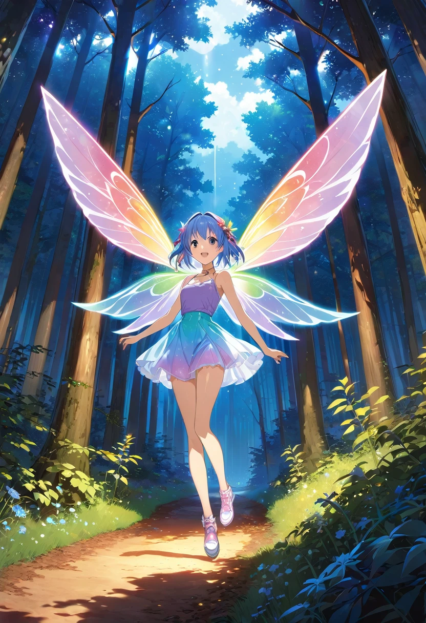 masterpiece, best quality, ultra detailed, anime style, In an intergalactic garden, a girl undergoes a metamorphosis, emerging as a Celestial Nectarian with translucent wings that refract starlight. She explores Earth, her newfound form exuding an otherworldly glow among earthly landscape