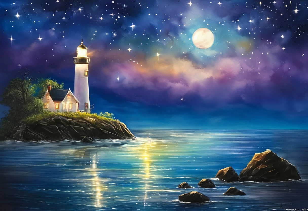  Light color painting, Lighthouse, Night Sky, A sky full of stars, Quiet Sea, Lighthouseの光, Reflective water surface, moonlight