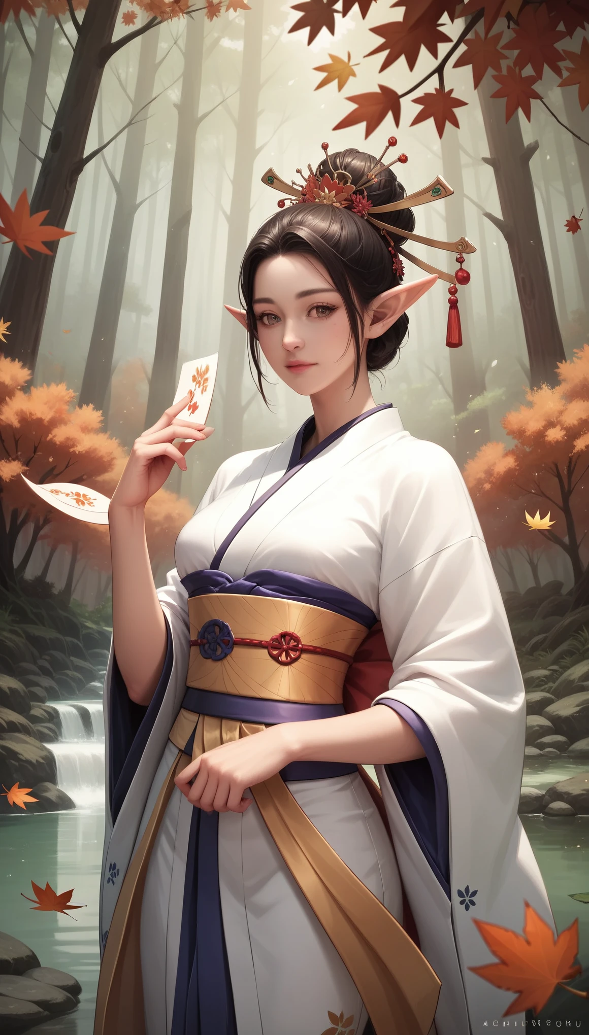 (Ultra-detailed CG Unity 8K wallpaper), (masterpiece), (Best Quality), (Realistic), geisha, kimono, dance, Elf, Pointed Ears, ((Best Quality)), (Super detailed)), (((photograph)), Autumn Japan Forest