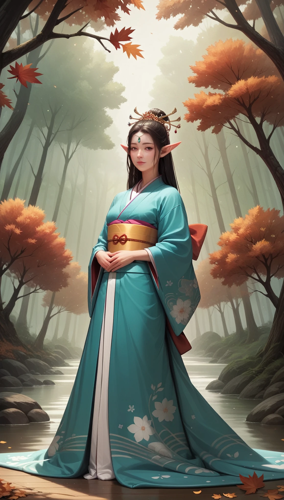 (Ultra-detailed CG Unity 8K wallpaper), (masterpiece), (Best Quality), (Realistic), geisha, kimono, dance, Elf, Pointed Ears, ((Best Quality)), (Super detailed)), (((photograph)), Autumn Japan Forest