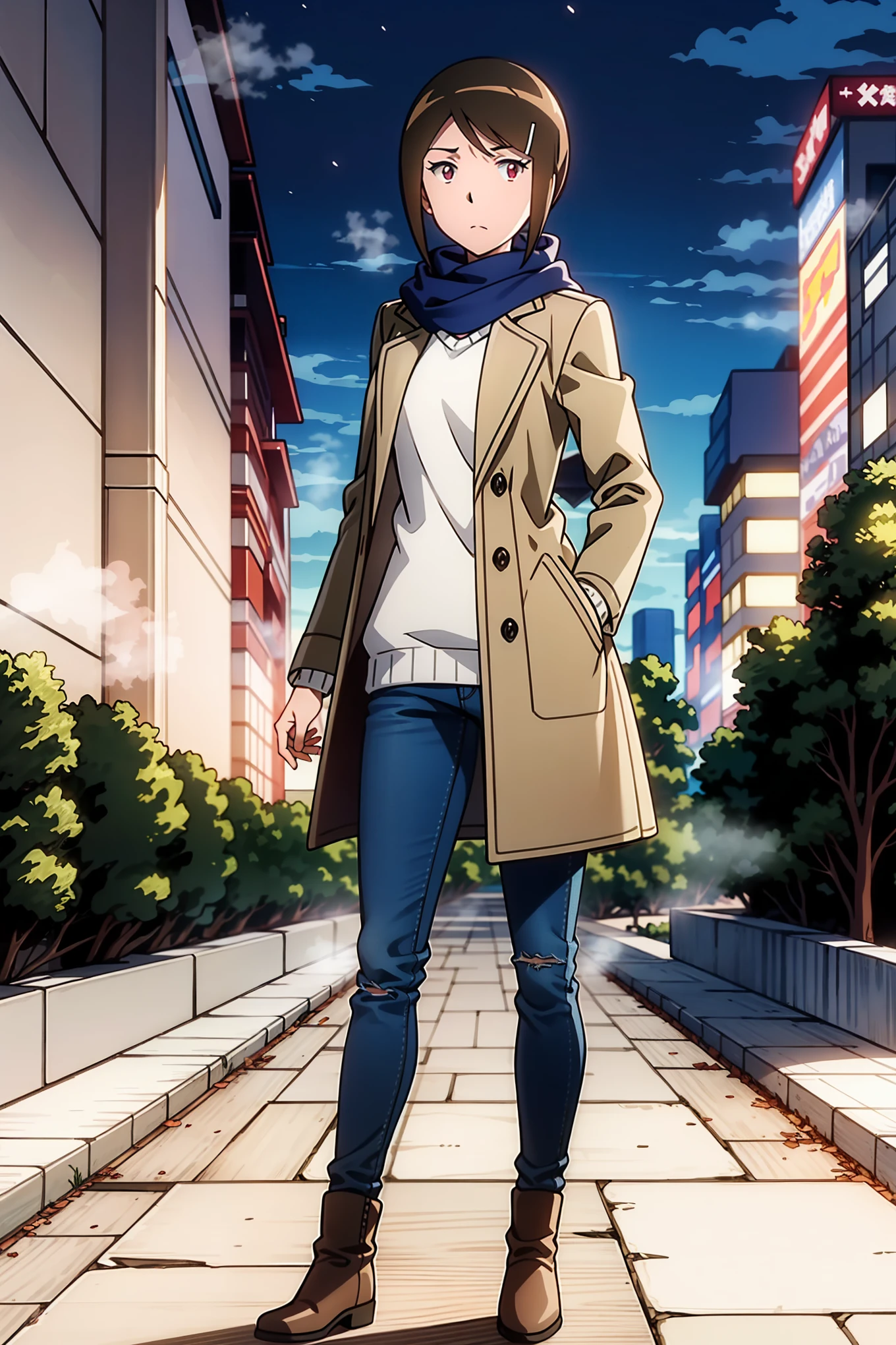 Woman similar to adult Hikari Yagami from \(Digimon Adventure 02: The Beginning\):1.2, 21 yo young woman, solo, brunnette, hair side swept neatly, hairnis tied back in half-up style, red eyes, slightbblush, winter in Odaiba Square, thick scarf, winter buttoned coat, denim jeans, chelsea boots, chic, whole full body standing, BREAK, Full body shot, Professional Photoshot, Professional High Lightning, At Nighttime, winter night lighting, cold steam effects, Light Colour, 7560P, Canon EOS 250D, 128K UHDR Best Quallity