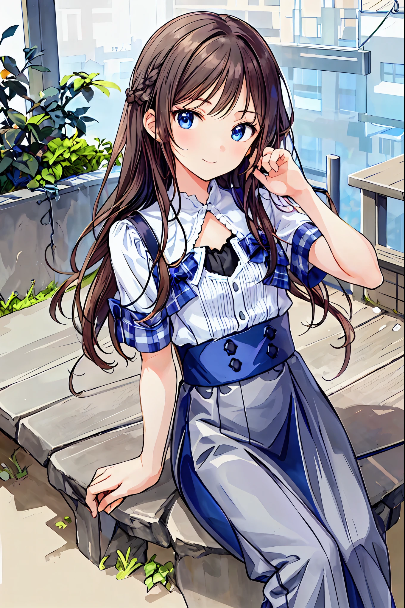 (child)，Best Quality，Beautiful face in every detail，cute，Dark brown eyes，(背の低いcute***，Young student，Young and delicate girl）,（masterpiece，Best Quality)，Black Hair，Sleepy look，Short sleeve white shirt，Checkered white skirt，Pathetic，Pathetic，Pathetic，Brown Hair，Shortcuts，Messy Hair，Short braided hair，Neat，Slender beauty，A dignified posture，Small chest，Beautiful feet，Her captivating grey-blue eyes shine like stars，Vibrant colors,Beautiful Eyes,A delicate smile,Textured Skin,The best quality at its best,A kind and beautiful woman,Anime Style､