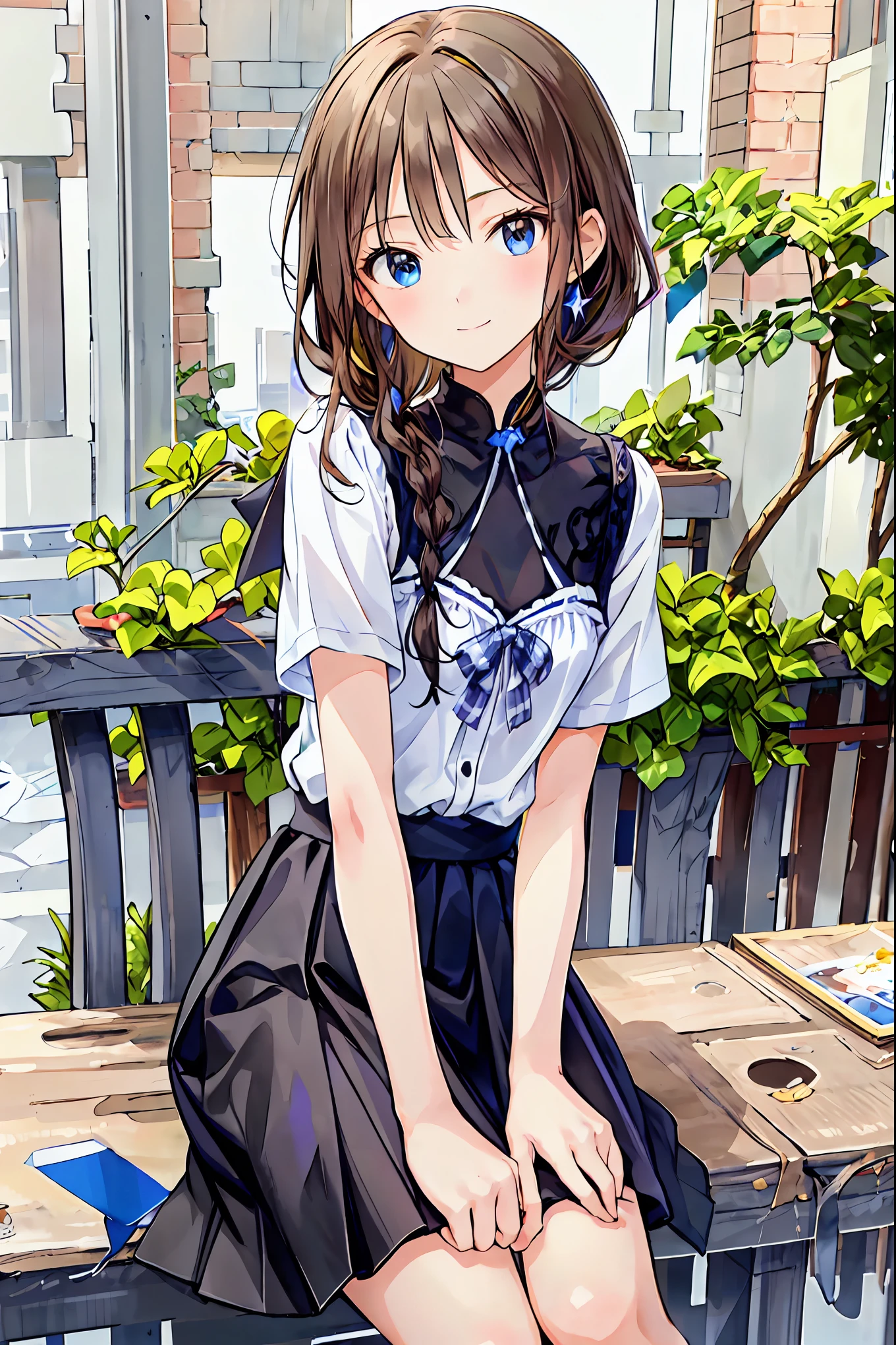 ()，Best Quality，Beautiful face in every detail，cute，Dark brown eyes，(背の低いcute女の子，Young studeg and delicate girl）,（masterpiece，Best Quality)，Black Hair，Sleepy look，Short sleeve white shirt，Checkered white skirt，Pathetic，Pathetic，Pathetic，Brown Hair，Shortcuts，Messy Hair，Short braided hair，Neat，Slender beauty，A dignified posture，Small chest，Beautiful feet，Her captivating grey-blue eyes shine like stars，Vibrant colors,Beautiful Eyes,A delicate smile,Textured Skin,The best quality at its best,A kind and beautiful woman,Anime Style､