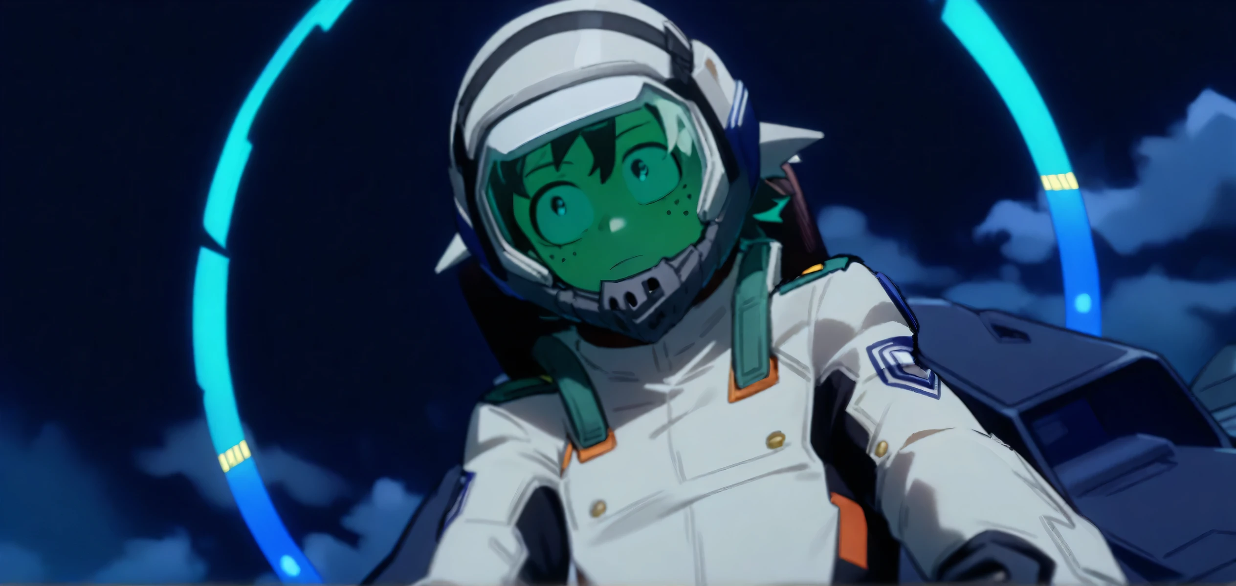 1boy, male focus, midoriya izuku, boku no hero academia, masterpiece, best quality, very aesthetic, absurdres, fighter jet cockpit, grey pilot suit, head turned right, ((flight helmet)), dark glass, ((no hair)) 