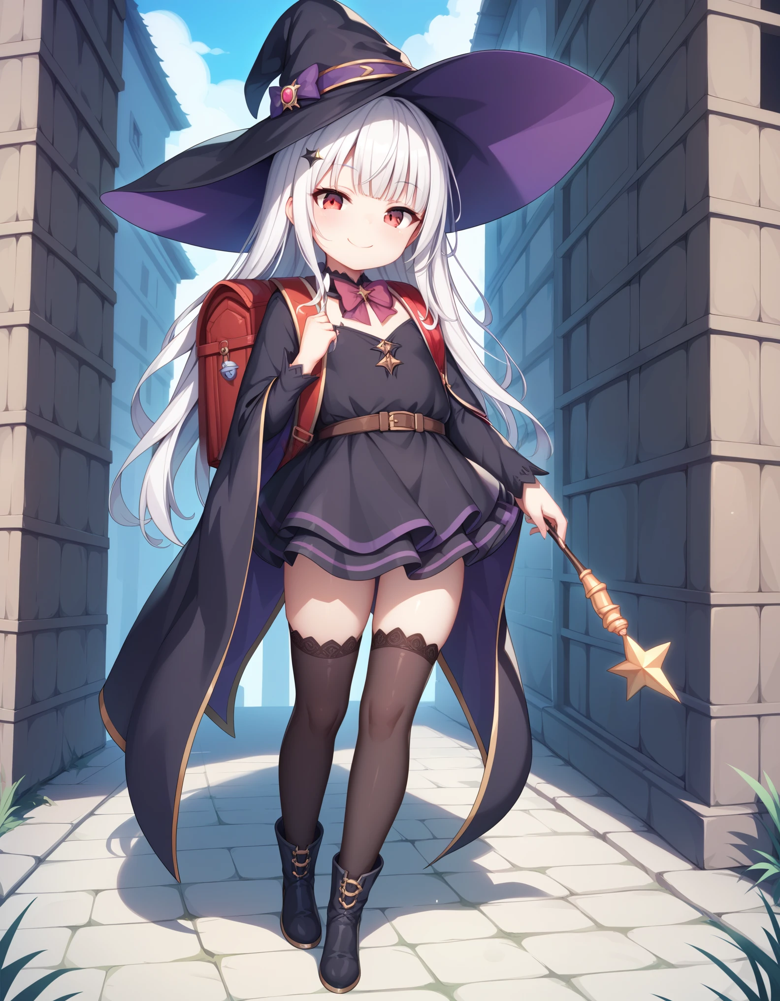 Masterpiece, hd, 2d, top-quality, full body, witch's hat, Belt to hat, white hair, long hair, Smooth straight hair,  smile, red eyes, a closed mouth, witch's robe, bowtie, holding Witch's Wand, outdoor, Petite,  child, Witch's Boots, looking at viewer, contrasted, wearing randoseru backpack, (backpack:1.2), wearing thighhighs 