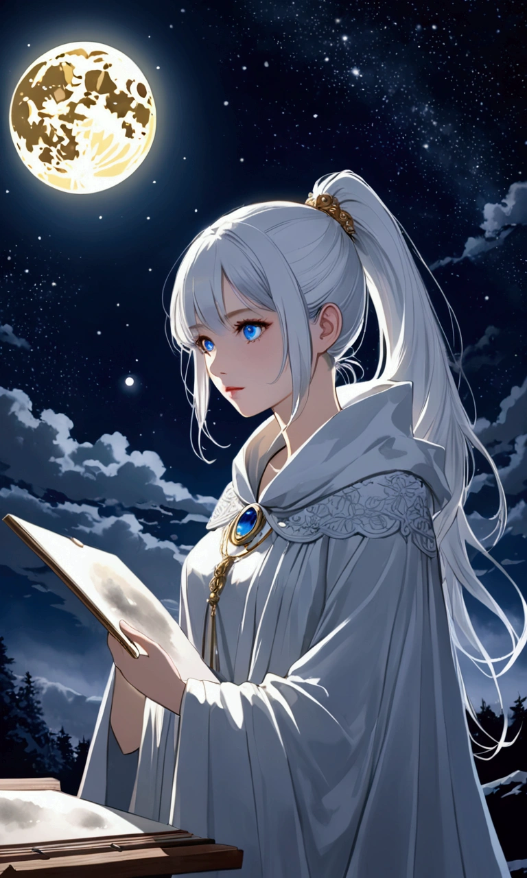 tmasterpiece，super high image quality，super-fine，illustration，Amazingly beautiful，Movie Angle，flowy，femele，White hair and blue eyes，High ponytail（weighting），Wearing a cloak，Eyes that shine brightly，The moon is shining high，The stars shine，Lighting embellishments，Desire and mystery coexist，The dawn is coming，Bloom for you the most gorgeous picture。