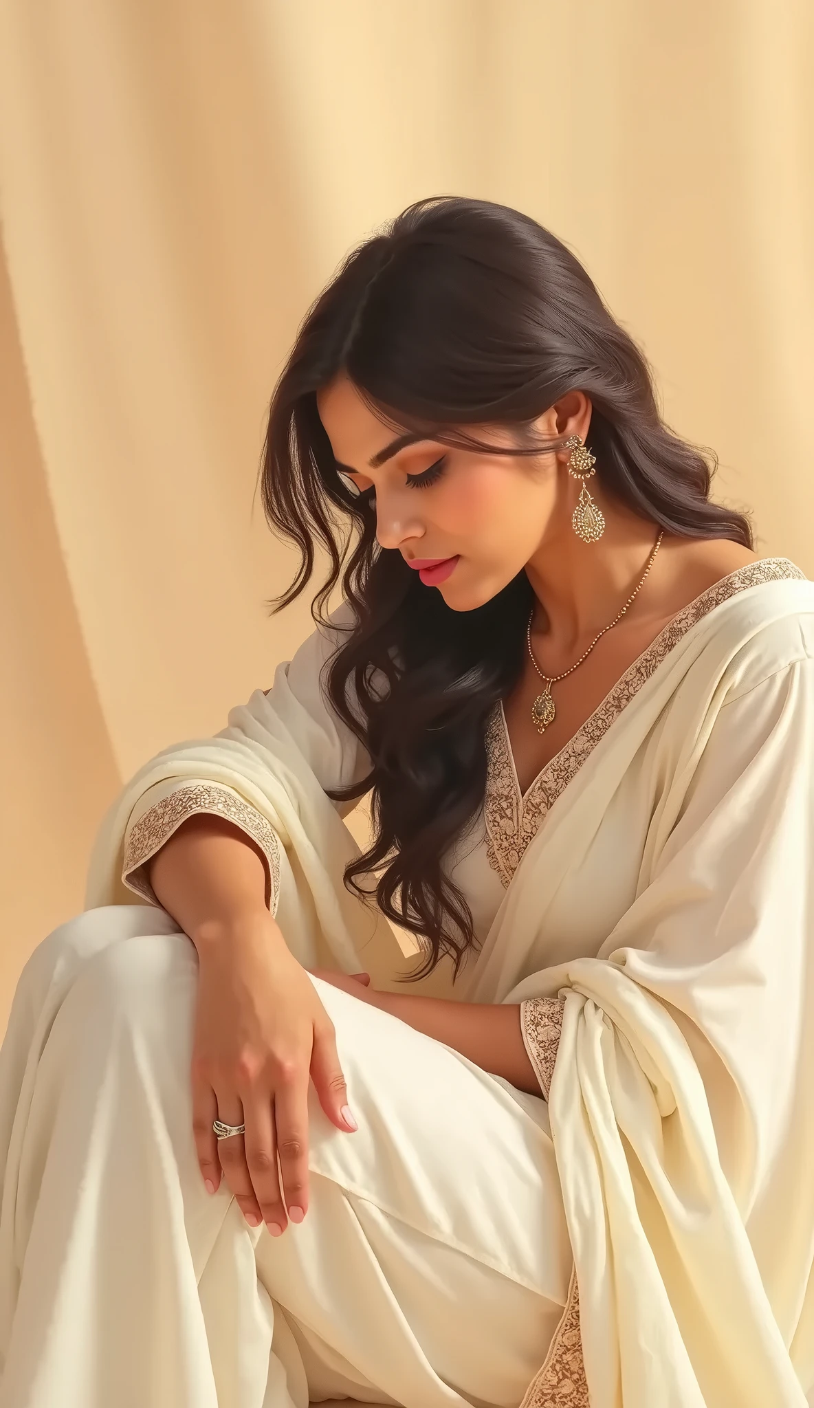 Araffe woman in a white sari sitting on a chair - SeaArt AI