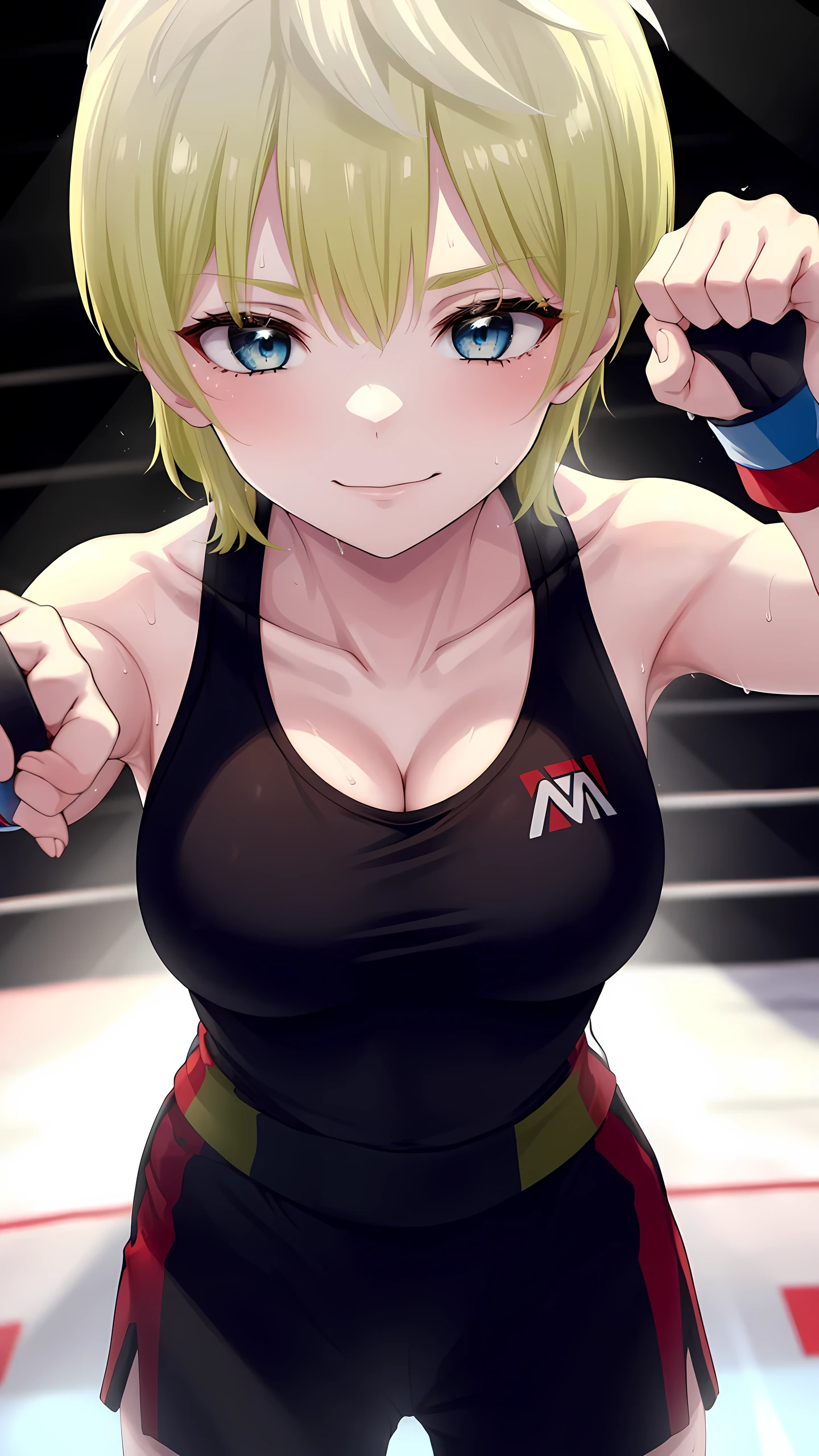 tenkaizumo, izumo, tenka, short hair, Blue eyes, blonde, (1girl, 1person), 8K, masterpiece, Highest quality, Detailed eyes, Detailed face, medium breast,(wearing sports bra:1.5, cleavage, sleeveless, collarless), (MMA Arena :1.5), head shot, close-up shot, looking at viewer, serious smile, (in a fighting pose:1.5) ,sweaty,