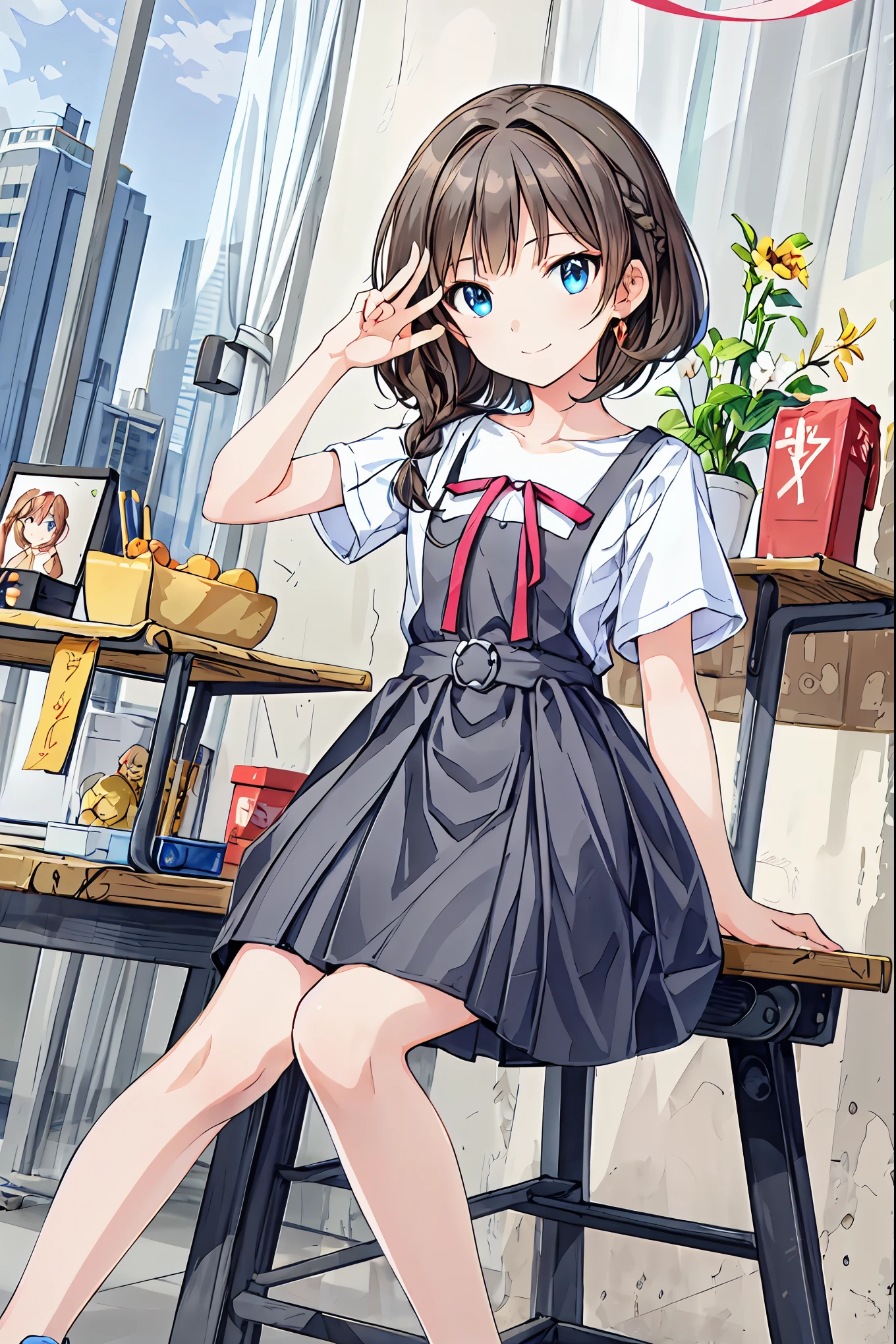 ()，Best Quality，Beautiful face in every detail，cute，Dark brown eyes，(背の低いcute女の子，Young studeg and delicate girl）,（masterpiece，Best Quality)，Black Hair，Sleepy look，Short sleeve white shirt，Checkered white skirt，Pathetic，Pathetic，Pathetic，Brown Hair，Shortcuts，Messy Hair，Short braided hair，Neat，Slender beauty，A dignified posture，Small chest，Beautiful feet，Her captivating grey-blue eyes shine like stars，Vibrant colors,Beautiful Eyes,A delicate smile,Textured Skin,The best quality at its best,A kind and beautiful woman,Anime Style､