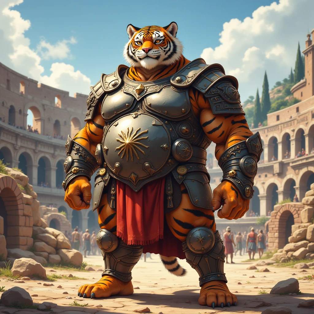 gladiator, a plump middle-aged tiger man, full body in Michelangelo Buonarroti style, digital illustration anime, character focus, full body, looking away, dynamic angle, niji6, BREAK gladiator armor, helmet, fighting, dynamic pose, detailed painting landscape, morning, colosseum, outdoor, BREAK complete anatomy, perfect proportions, beautiful thigh gap, fluffy body, intricate fur details, beautiful fur texture, BREAK detailed tiger 1tail, detailed toe, 5toes, 5toes nails, beautiful foot, detailed hands, 5fingers, 5fingers nails, BREAK aesthetic anime face, insanity detailed face, male face, big face, square jawline, aesthetic anime eyes, detailed brown eyes, detailed brown cornea, detailed dark brown irises, detailed pupils, male eyes, big eyes, male eyebrows, innocent look, beautiful beard, BREAK masterpiece, official art, best quality, very aesthetic, absurdres, super fine illustration, great quality, BREAK noise reduction, very highres, large filesize, high quality, 32K, 8k wallpaper, dynamic lighting, BREAK insanity detailed, ultra detailed, intricate details, extremely detailed, detailed texture, an extremely delicate and beautiful, full color, HDR, BREAK e621 uncut tag, Fur Affinity illustration, osukemo, kemohomo, anthropomorphic, furry, cartoon, harmonious eyes, pastoral face, virtuous body, epic atmosphere 