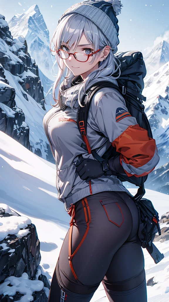 Detailed portrait of a beautiful young woman with silver hair, Wear stylish glasses,Mammut hard shell, Everest Climbing, smile, Slim figure, Advanced Details, photoRealistic, masterpiece, 8k, Super detailed, Realistic, Vibrant colors, Natural Light, Intricate details, elegant, Quiet, Knitted hat, Snowy mountains in winter,Long legs,Upper body close-up,Mammut trekking pants,((Small breasts))((Carry a backpack))Black gloves、Have an ice axe