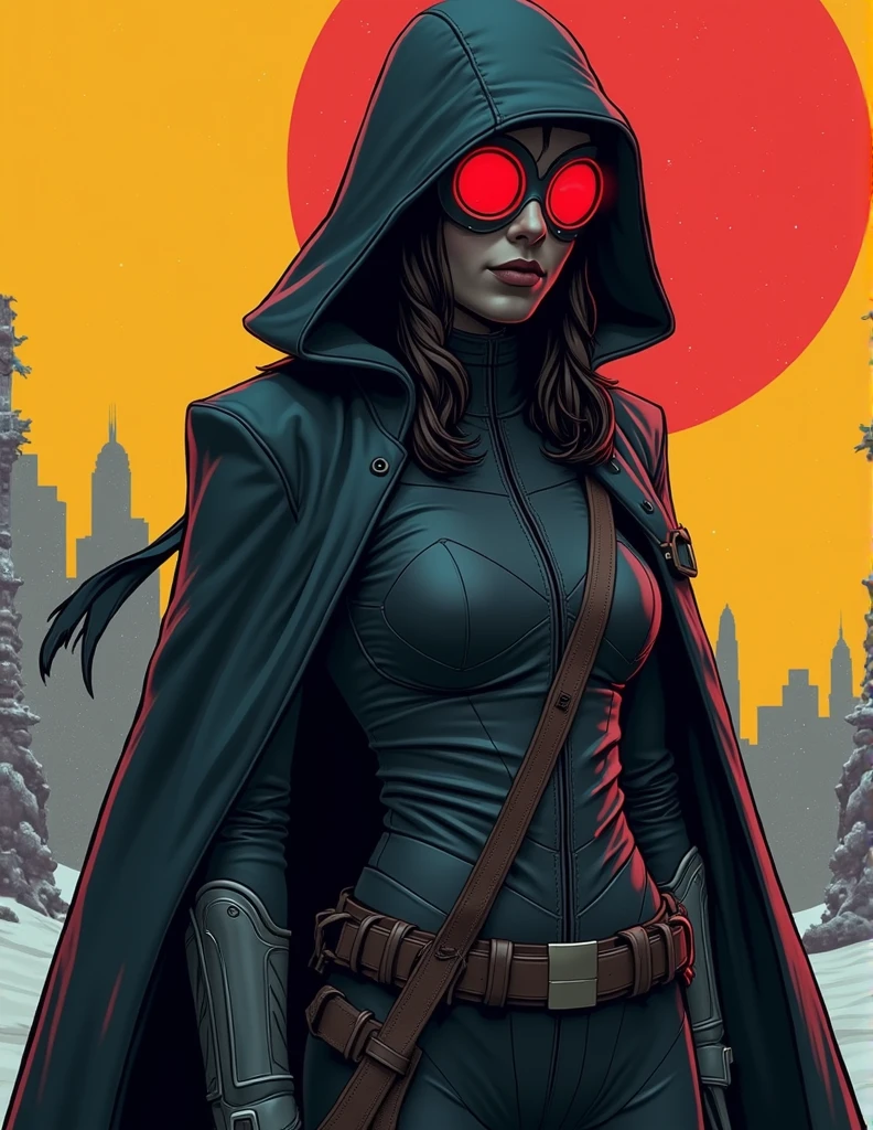 front page, DC comics style girl. dark brown hair, Wavy and disheveled below the shoulders, tired brown eyes with dark circles, almost pale white complexion,1.65 m, slim and agile build. Black tight leather vigilante suit with dark red details, reminiscent of blood. The emblem on the chest is a lunar symbol with a drop of blood in the center., representing his gift The black hooded cloak has a dark red trim, The boots and gloves have dark red details, and the nails on the gloves look like sharp claws. The black mask has night vision lenses that appear to be like wolf eyes., on the belt, He carries tools and weapons that appear to be like medical instruments.. The entire costume seems to be like an extension of his gift.