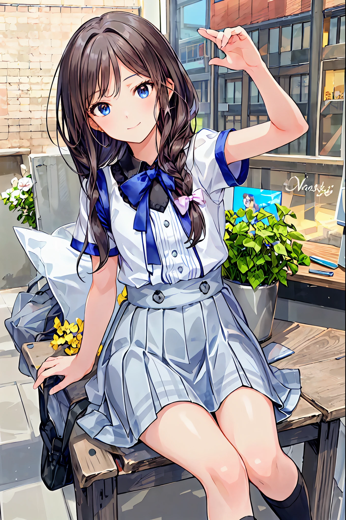 ()，Best Quality，Beautiful face in every detail，cute，Dark brown eyes，(背の低いcute女の子，Youngg and delicate girl）,（masterpiece，Best Quality)，Black Hair，Sleepy look，Short sleeve white shirt，Checkered Skirt，Pathetic，Pathetic，Pathetic，Brown Hair，Shortcuts，Messy Hair，Short braided hair，Neat，Slender beauty，A dignified posture，Small chest，Beautiful feet，Her captivating grey-blue eyes shine like stars，Vibrant colors,Beautiful Eyes,A delicate smile,Textured Skin,The best quality at its best,A kind and beautiful woman,Anime Style､break (masterpiece:1.2), Best Quality, High resolution, unity 8k wallpaper, (shape:0.8), (Beautiful attention to detail:1.6), Highly detailed face, Perfect lighting, Extremely detailed CG, (Perfect hands, Perfect Anatomy),