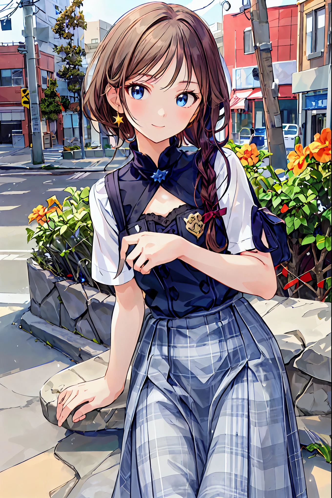 (child)，Best Quality，Beautiful face in every detail，cute，Dark brown eyes，(背の低いcute***，Young student，Young and delicate girl）,（masterpiece，Best Quality)，Black Hair，Sleepy look，Short sleeve white shirt，Checkered Skirt，Pathetic，Pathetic，Pathetic，Brown Hair，Shortcuts，Messy Hair，Short braided hair，Neat，Slender beauty，A dignified posture，Small chest，Beautiful feet，Her captivating grey-blue eyes shine like stars，Vibrant colors,Beautiful Eyes,A delicate smile,Textured Skin,The best quality at its best,A kind and beautiful woman,Anime Style､break (masterpiece:1.2), Best Quality, High resolution, unity 8k wallpaper, (shape:0.8), (Beautiful attention to detail:1.6), Highly detailed face, Perfect lighting, Extremely detailed CG, (Perfect hands, Perfect Anatomy),