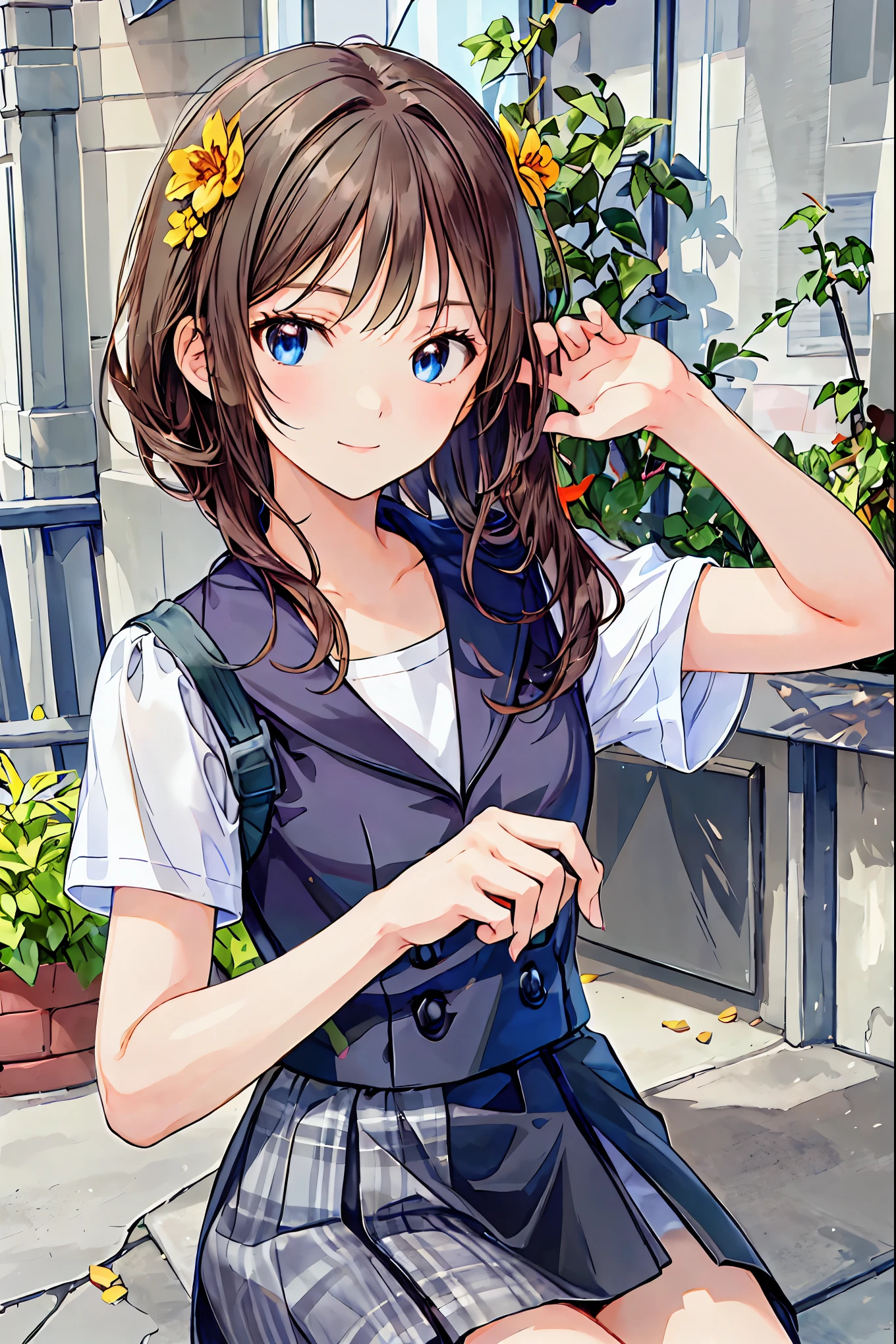 (child),Best Quality,Beautiful face in every detail,cute,Dark brown eyes,(背の低いcute女の子,Young student,Young and delicate girl),(masterpiece,Best Quality),Black Hair,Sleepy look,Short sleeve white shirt,Checkered Skirt,Pathetic,Pathetic,Pathetic,Brown Hair,Shortcuts,Messy Hair,Short braided hair,Neat,Slender beauty,A dignified posture,Small chest,Beautiful feet,Her captivating grey-blue eyes shine like stars,Vibrant colors,Beautiful Eyes,A delicate smile,Textured Skin,The best quality at its best,A kind and beautiful woman,Anime Style、break (masterpiece:1.2), Best Quality, High resolution, unity 8k wallpaper, (shape:0.8), (Beautiful attention to detail:1.6), Highly detailed face, Perfect lighting, Extremely detailed CG, (Perfect hands, Perfect Anatomy),