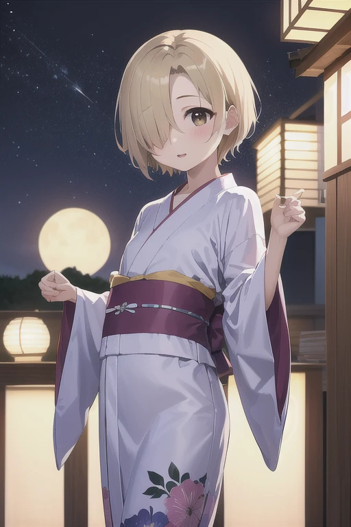 masterpiece, Best Quality, High resolution,  standing, Cowboy Shot, Shirasaka Koume, ((Blonde)), hair over one eye, short hair, Brown eyes, Flat Chest,(Hiding one eye),Hidden right eye、,Small breasts,One Girl,Alone,1 girl,Yukata,Shrine at night,Summer Night,Festival,lanthanum,shade,grassland,Embarrassing,yukata,Restless，Big Moon， Beautiful floral kimono